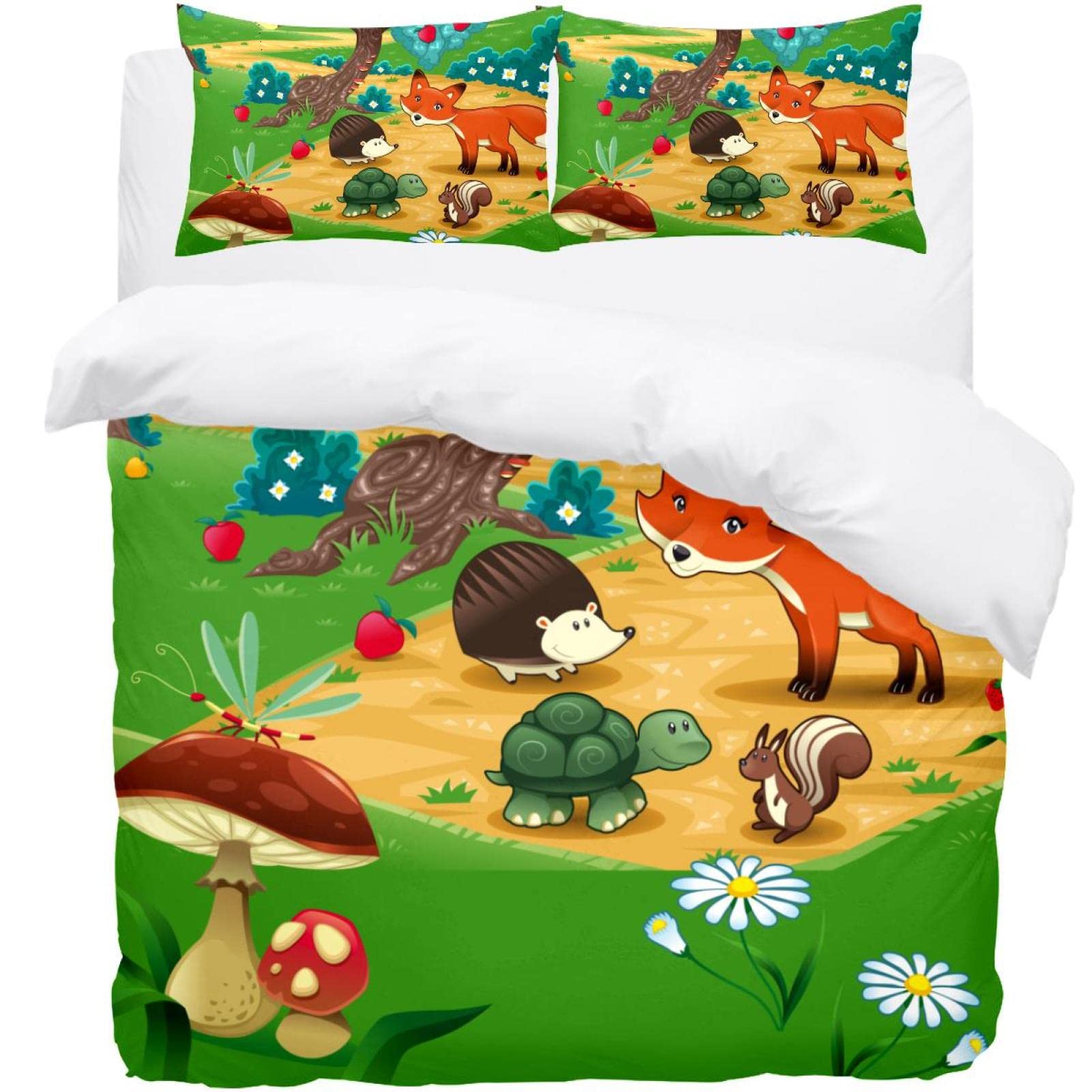 Parure de lit simple 3 pièces avec housse de couette renard et hérisson