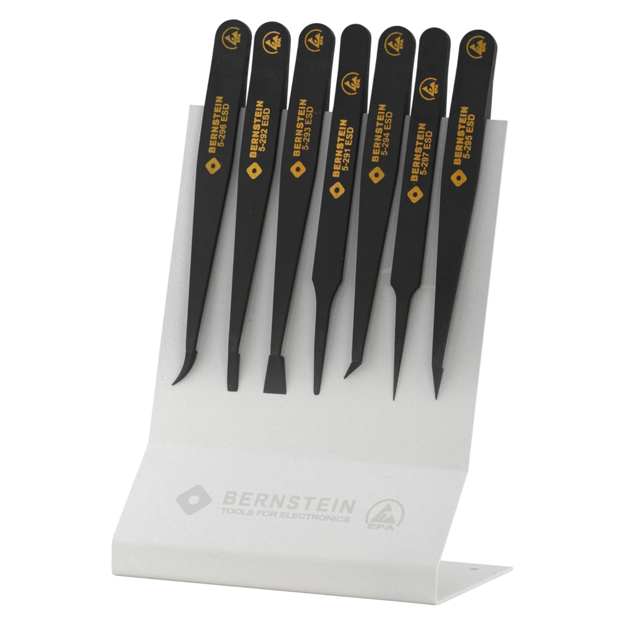 Bernstein ESD Set di 7 pinzette in plastica antistatica, pinzette di precisione per applicazioni di elettronica e laboratorio con supporto, pinzette a punta
