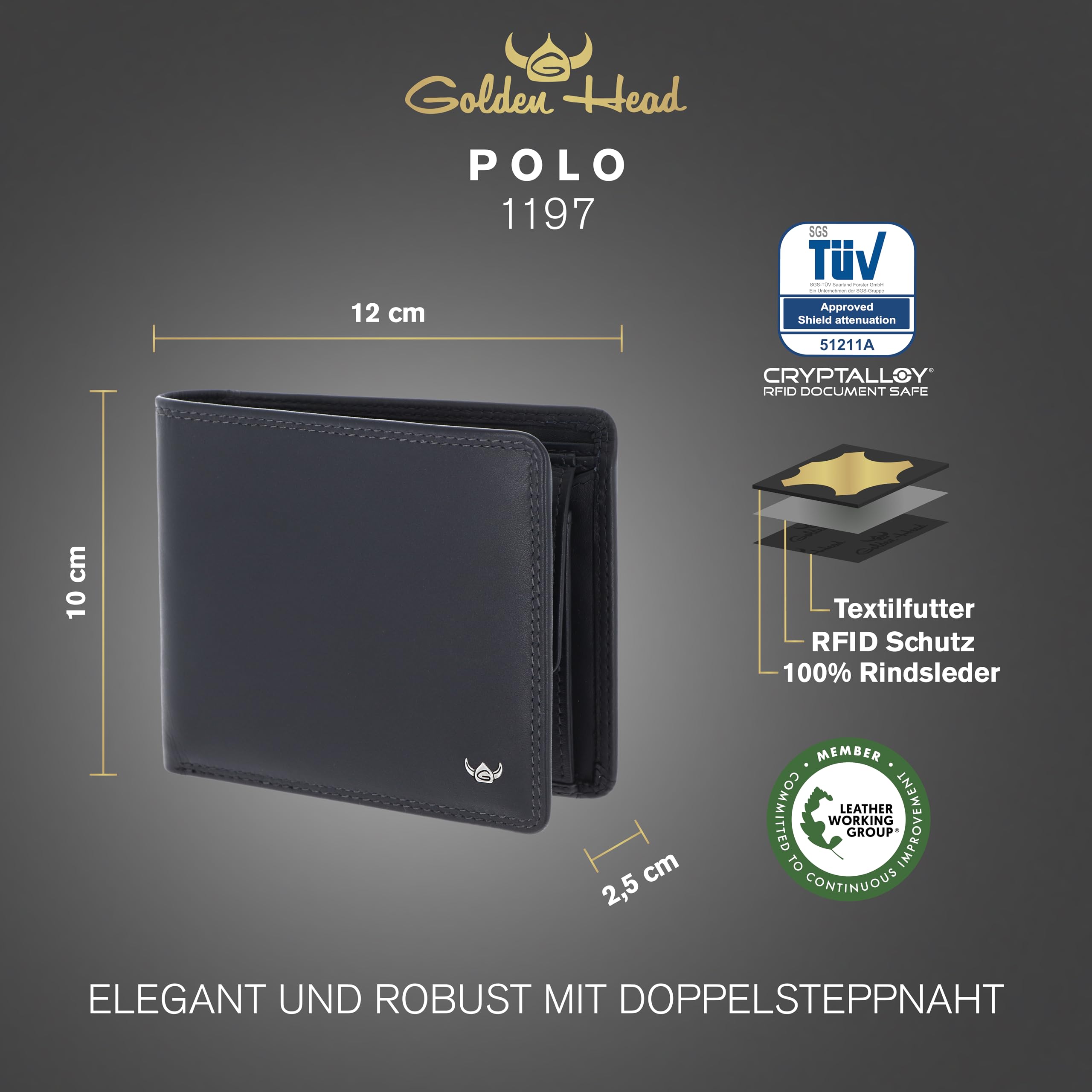 Golden Head Polo RFID Protect Billfold Coin Wallet Black, niebieski morski, Einheitsgröße, Klasyczny