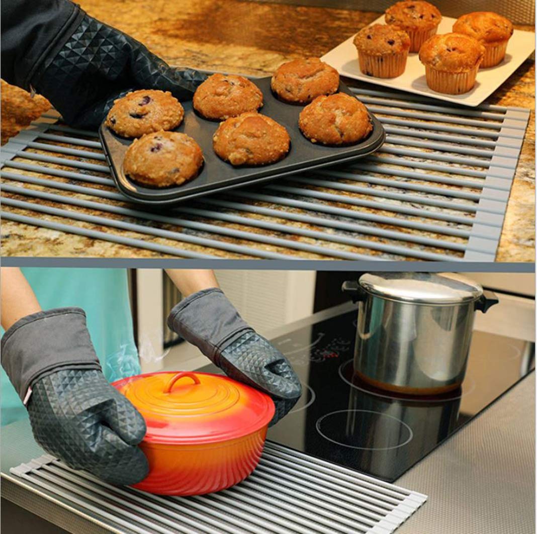 Scolapiatti arrotolabile sopra il lavandino. Scolapiatti pieghevole extra large, completamente in silicone, barra in acciaio inox, resistente al calore, antiscivolo, per bancone della cucina
