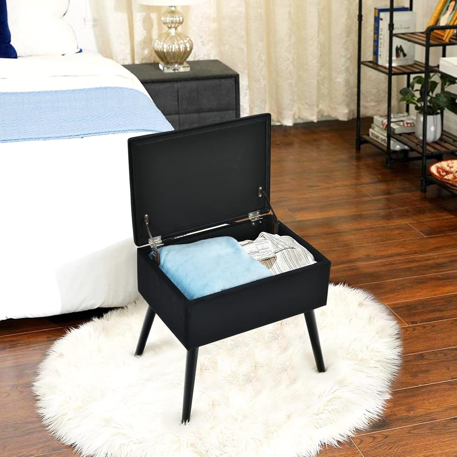Giantex Vanity Stool Chair with Storage, Multifunctional 20" Makeup Seat with Wood Legs, Ottoman Foot Rest, Upholstered Tufted Makeup Vanity Chair for Dressing Bedroom Living Room