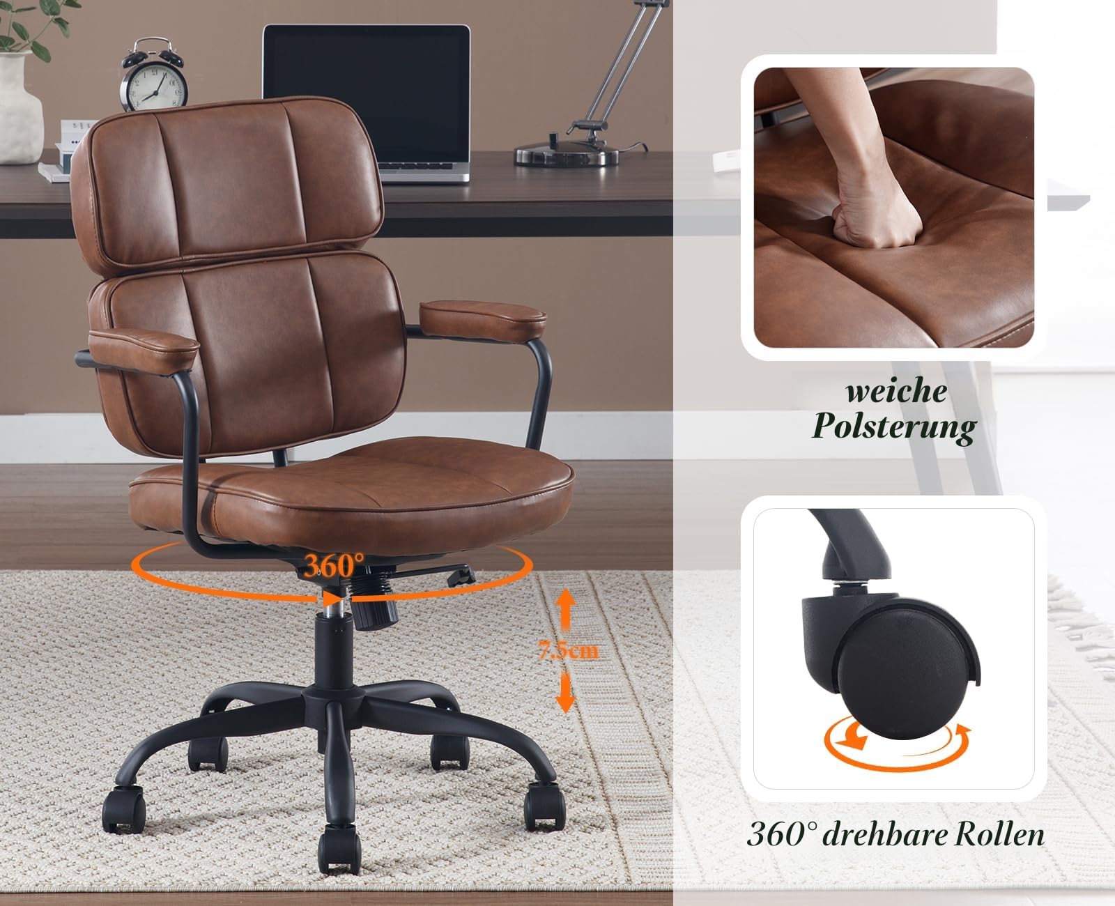 chairus Schreibtischstuhl Bürostuhl Ergonomisch PU Leder, Drehstuhl Braun | 360° Computerstuhl mit Armlehnen, Bürosessel Höhenverstellbarer für Arbeitszimmer Homeoffice Büro Wohnzimmer Schlafzimmer