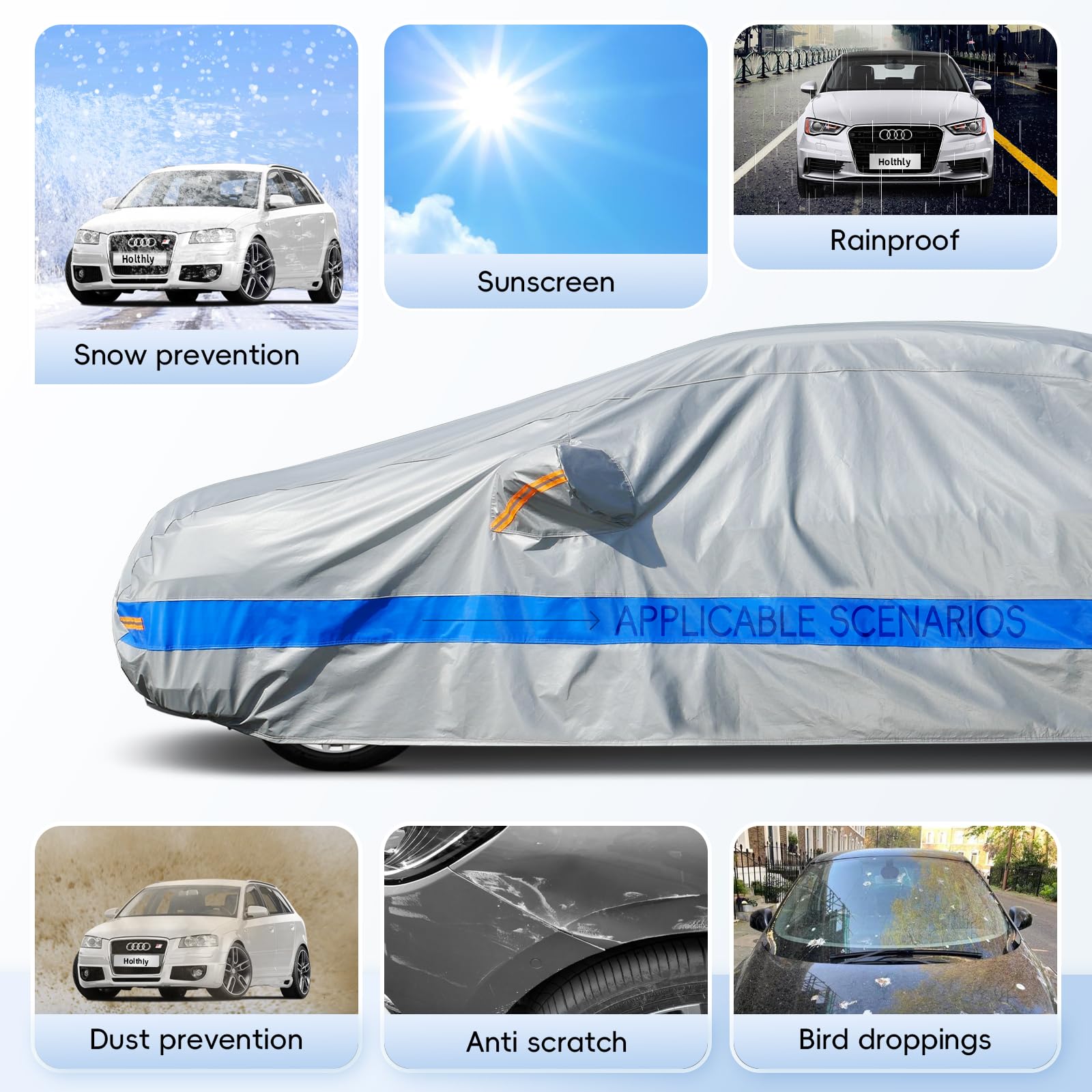 Telo Copriauto da Esterno, Holthly 10 Strati Telo Copri Auto Felpato 100% Impermeabile, Copertura Auto Antipolvere Antigraffio AntiSole, adatta per Berlina Mercedes ClA, BMW 2 Series ecc. 3L