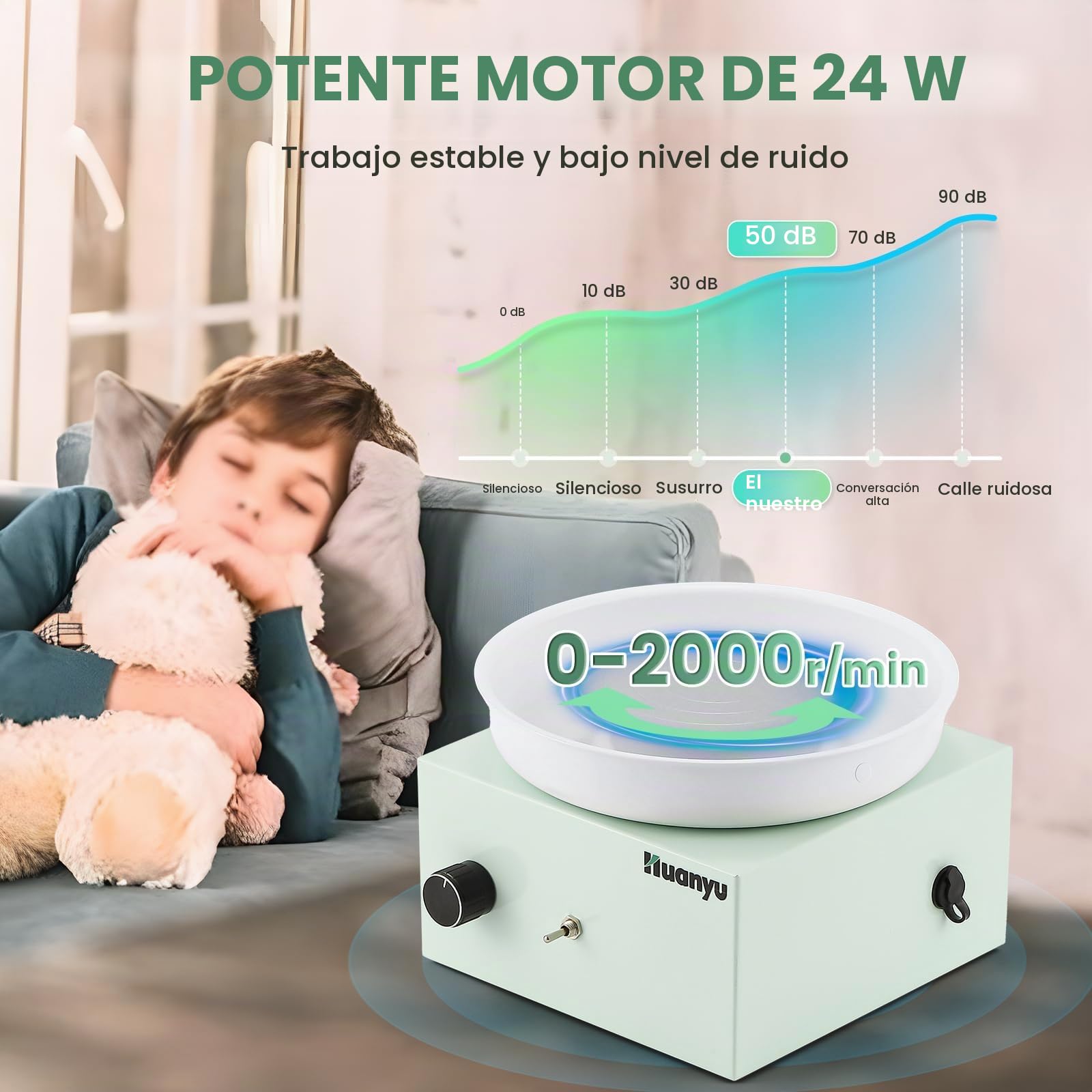 Huanyu Volante de Alfarería 10cm Mini Volante de Alfarería Eléctrico 0-2000RPM Velocidad Ajustable Volante de Alfarería Cerámica con 27pcs Kit de Herramientas de Alfarería (Verde)