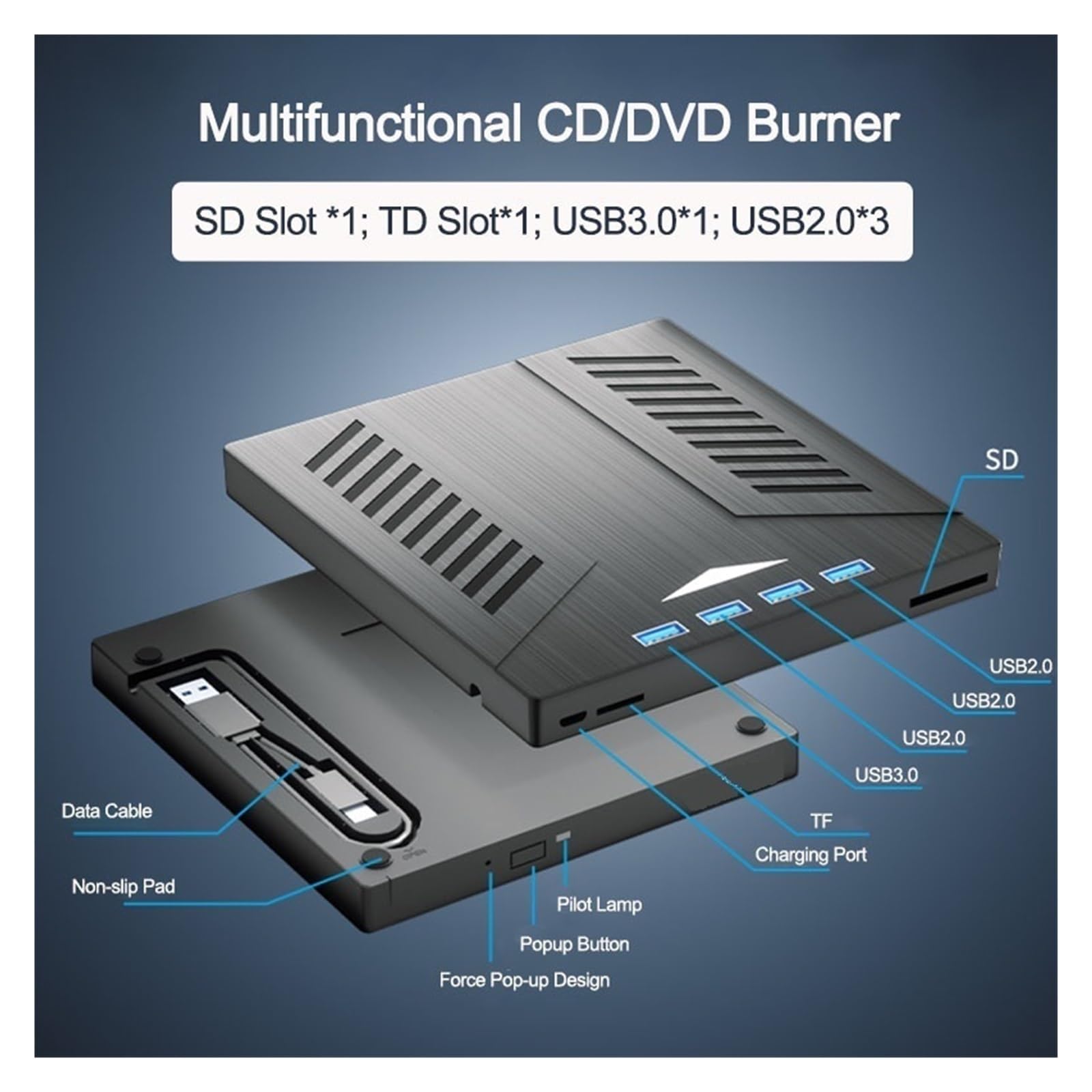 Nagrywarka CD/DVD USB 3.0 Typu C 7 W 1, Zewnętrzny Napęd DVD, CD ROM Do Laptopa, Komputera Stacjonarnego Kompaktowy MałY