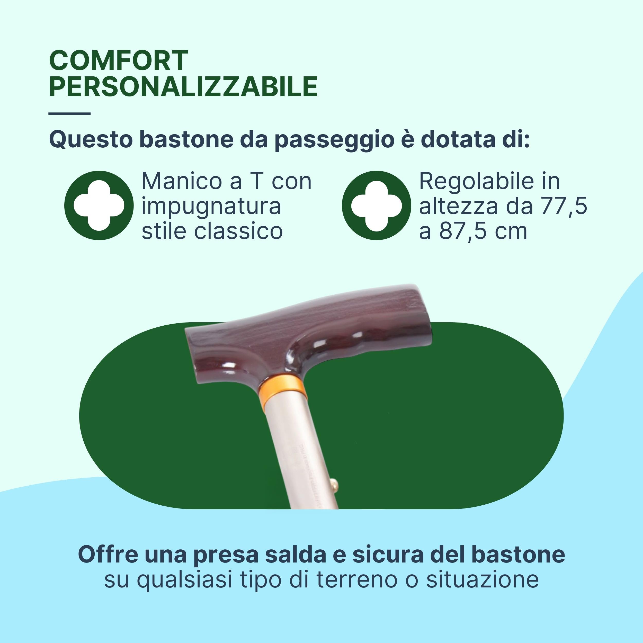 Bastone per Anziani Pieghevole in Alluminio Anodizzato con Impugnatura in Legno, Bastone da Passeggio Regolabile H. 77,5-87,5 cm - Bronzo