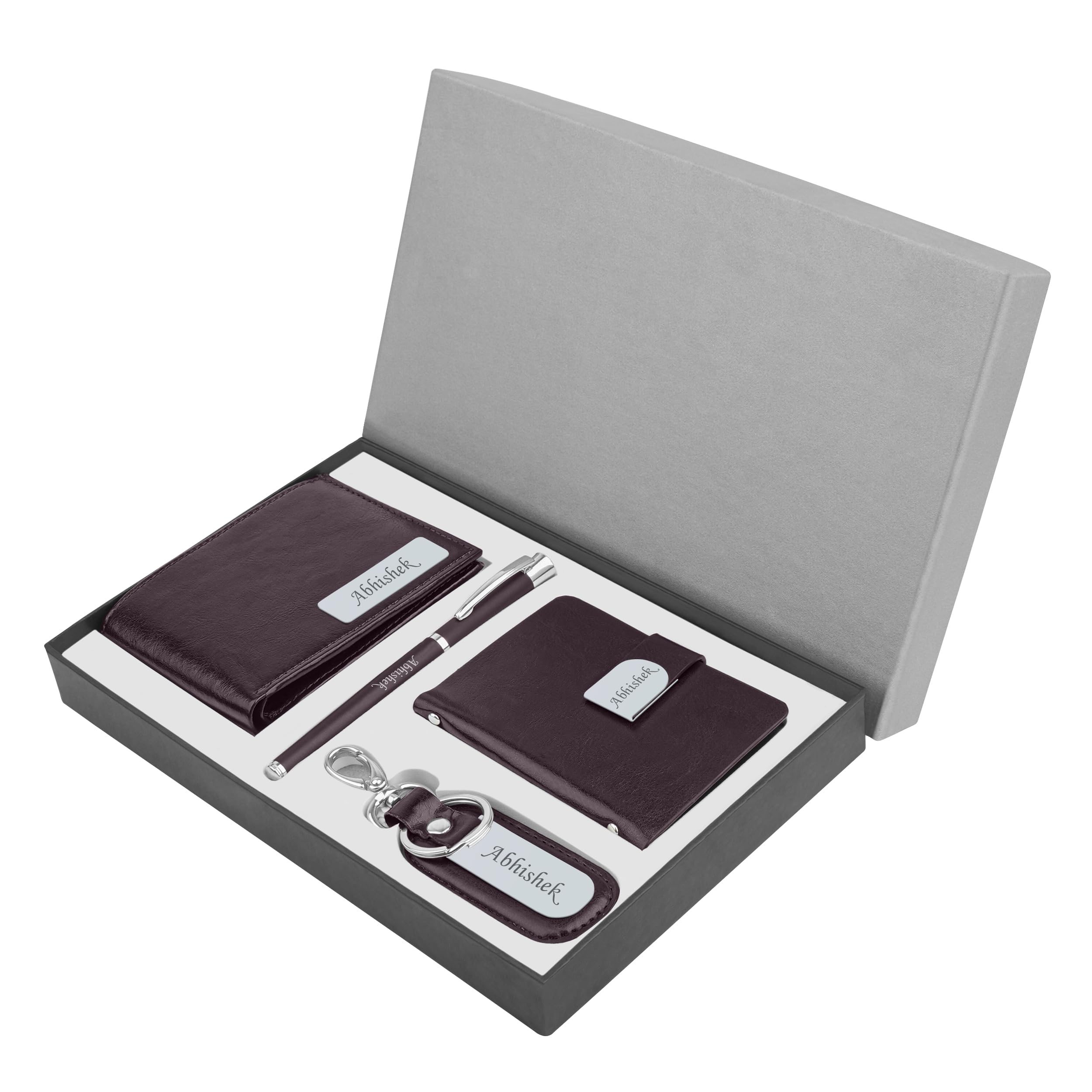 The Wallet Store Personalized Wallet, Pen, Key Chain & Cardholder Gift Set | with Name | Vegan Leather | Best Gift for Brother, Husband, Boyfriend, Father, Etc (BROWN-PN03-CH03-KC13-WL15)
