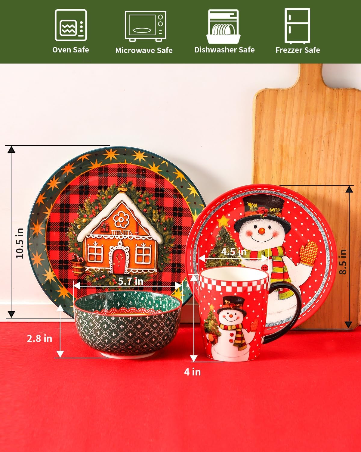 Hasense Dinnerware Set of 4, Ceramic Holiday Plates and Bowls Sets with Mugs, 16 Pieces Chip & Scratch Resistant Party Serving Dishes for New Year Gift, Microwave and Dishwasher Safe