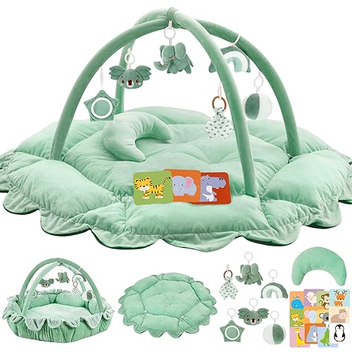 Gimnasio de juego de bebé de 5 en 1 de peluche, tapete para tiempo boca abajo, tapete de juego, gimnasio para bebés, tapete de actividades con Verde