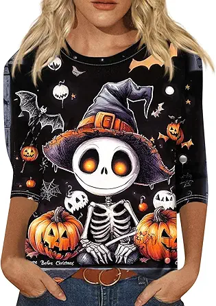 Halloween Shirts for Women 3/4 Sleeve Plus Size Crewneck Loose Fit Cute T Shirt Halloween Costumes for Women 2025