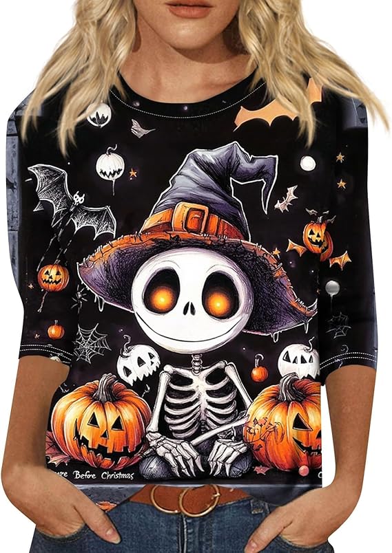 Halloween Shirts for Women 3/4 Sleeve Plus Size Crewneck Loose Fit Cute T Shirt Halloween Costumes for Women 2025