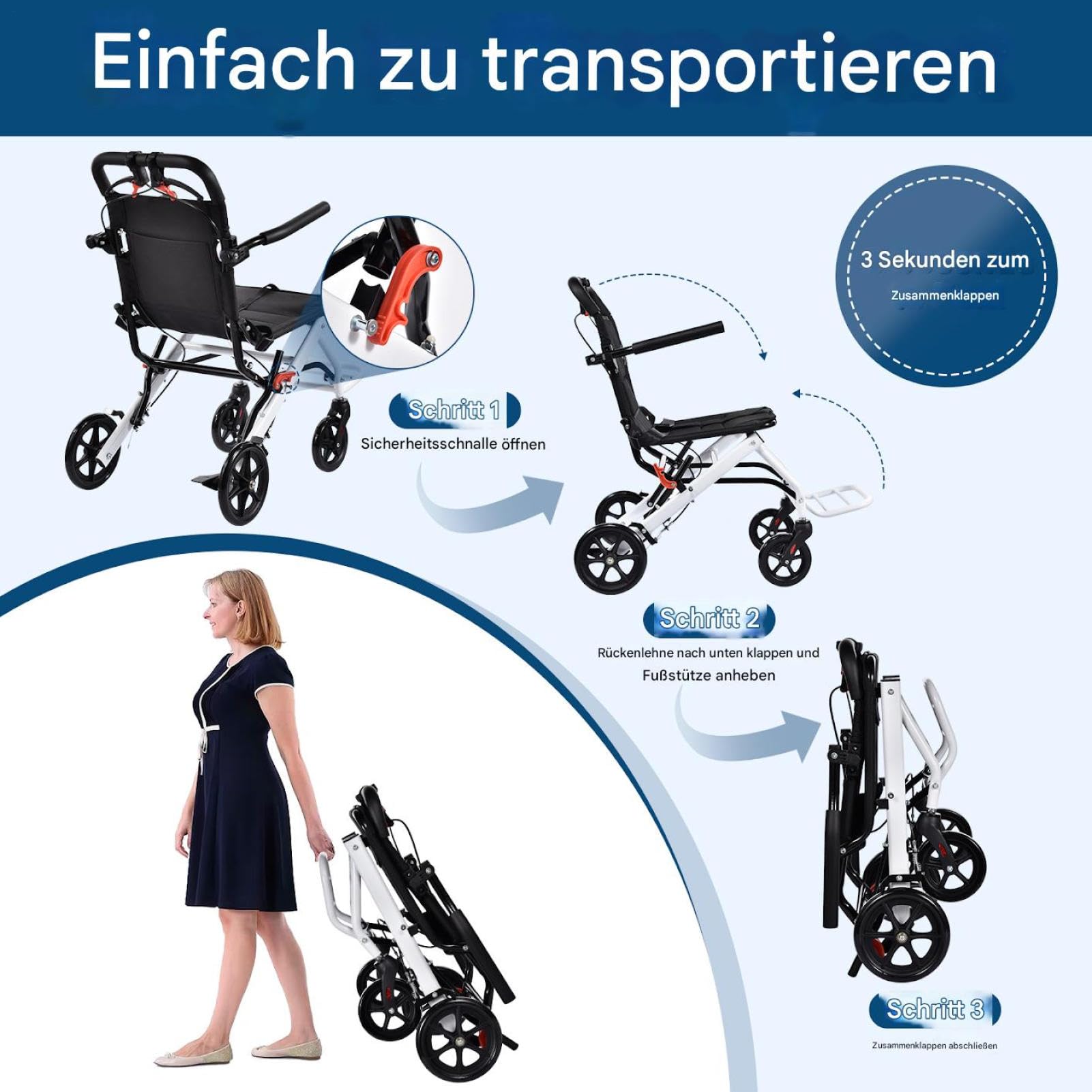 Silla de ruedas plegable de 8,2 kg – Silla de ruedas ligera con freno de mano, silla de ruedas para personas mayores y ancianos, soporta 100 kg, ayuda compacta para movilidad interior y exterior
