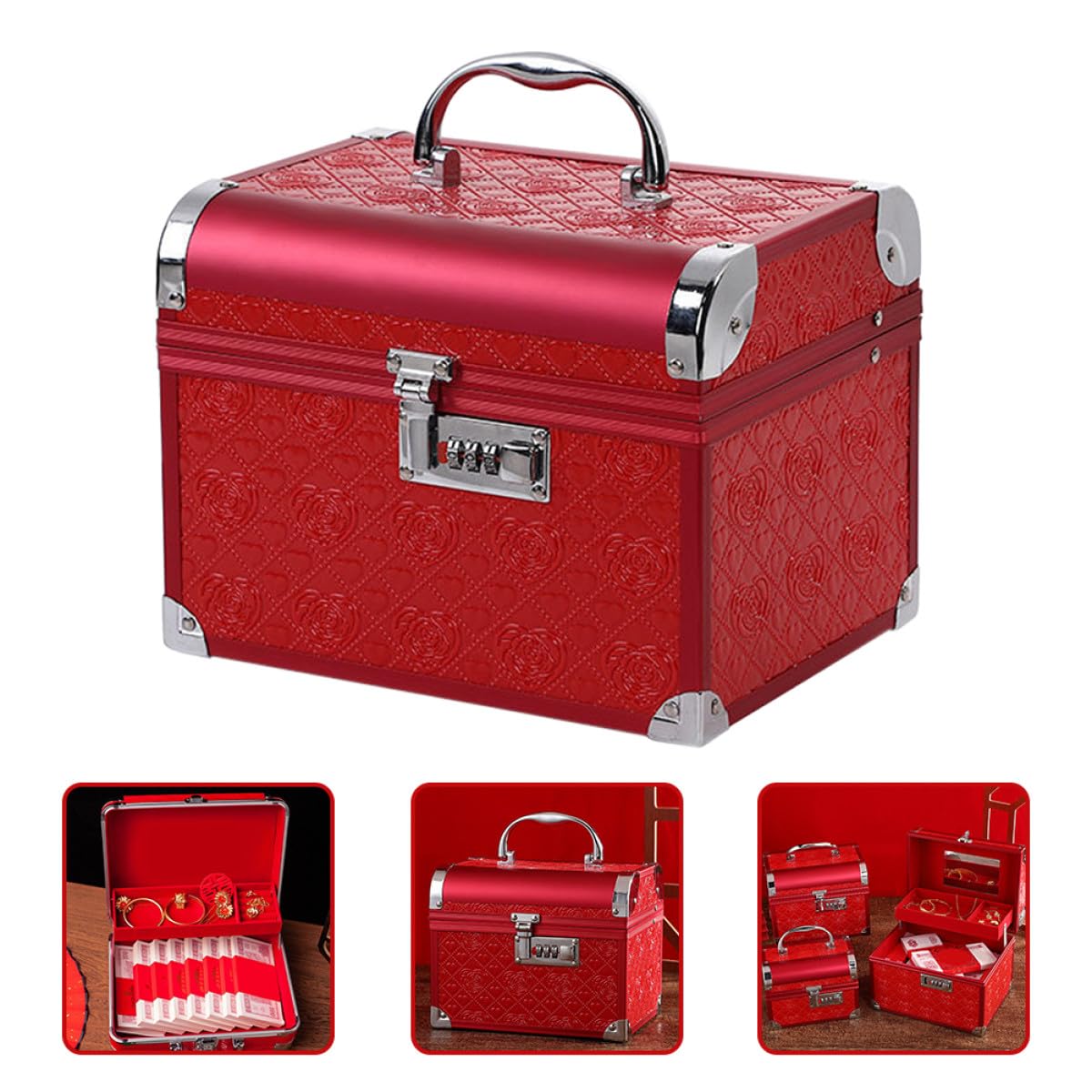Boîte à Bijoux Rouge Élégante en Cuir Pu Serrure à Code, Coffret à Bijoux Vintage en Bois et Alliage D'aluminium, pour Mariage et Rangement Personnel