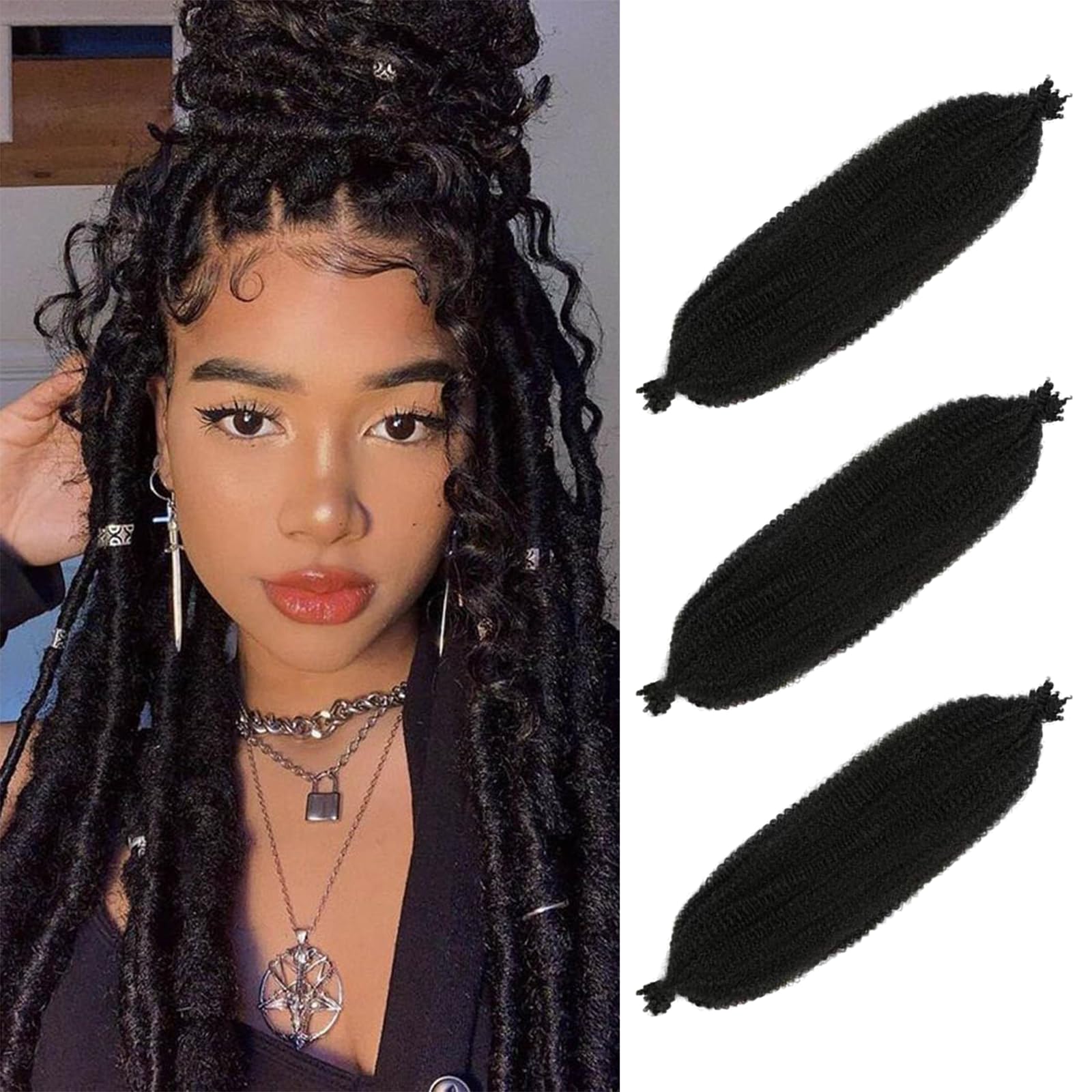 3 PCS Afro Kinky-Curly Human Hair Bulk, Pre-Separated Kinky-Curly Hair Extensions for Twist & Braiding