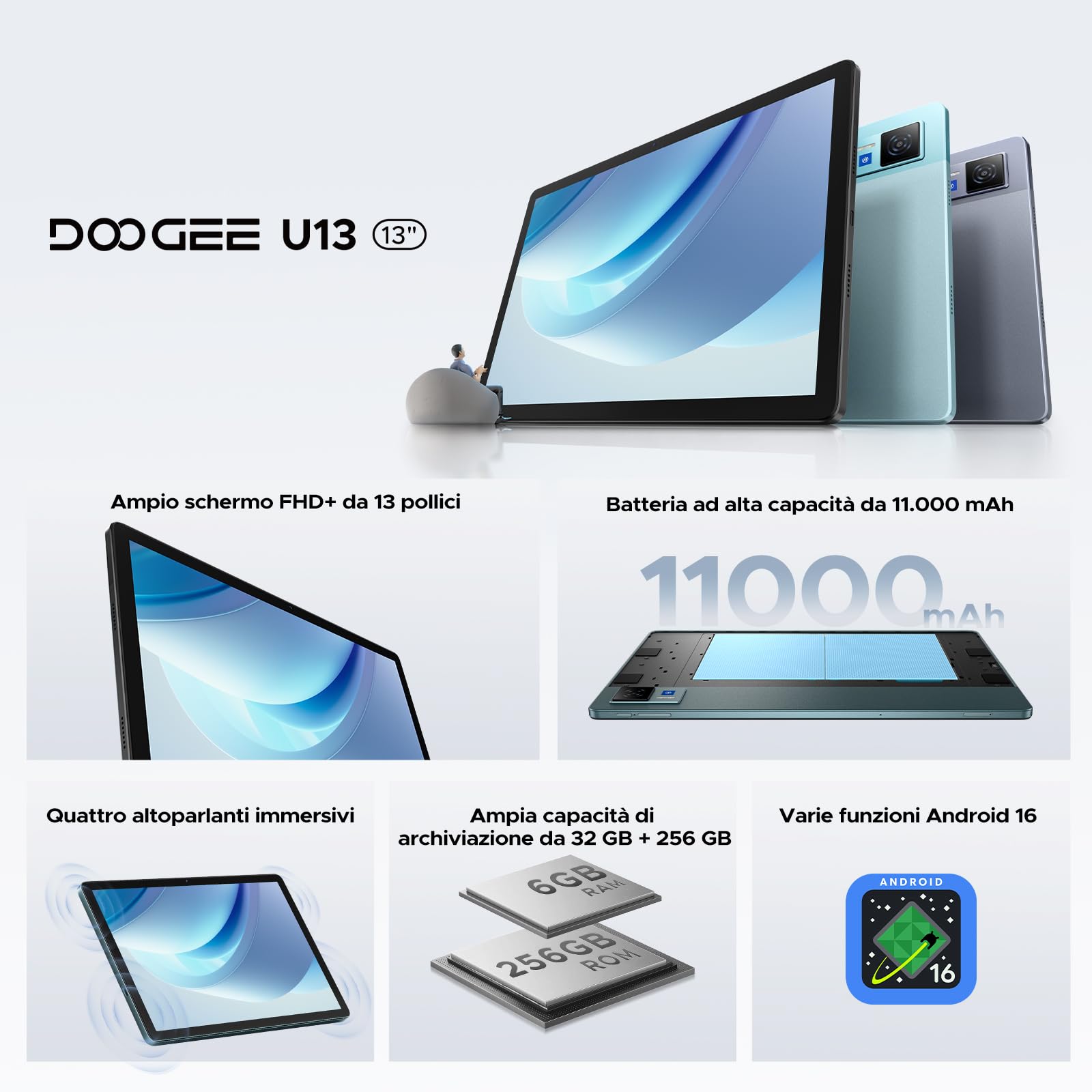 DOOGEE U13 FHD+ Tablet 13 Pollici Android 16, 32GB RAM+256GB ROM(TF 2TB) 11000mAh 18W, 2.2GHz UNISOC T7280 Octa-Core Gaming Tablet, 90Hz Widevine L1/13MP/BT 5.0/5Ghz WiFi/GPS/4 Altoparlanti