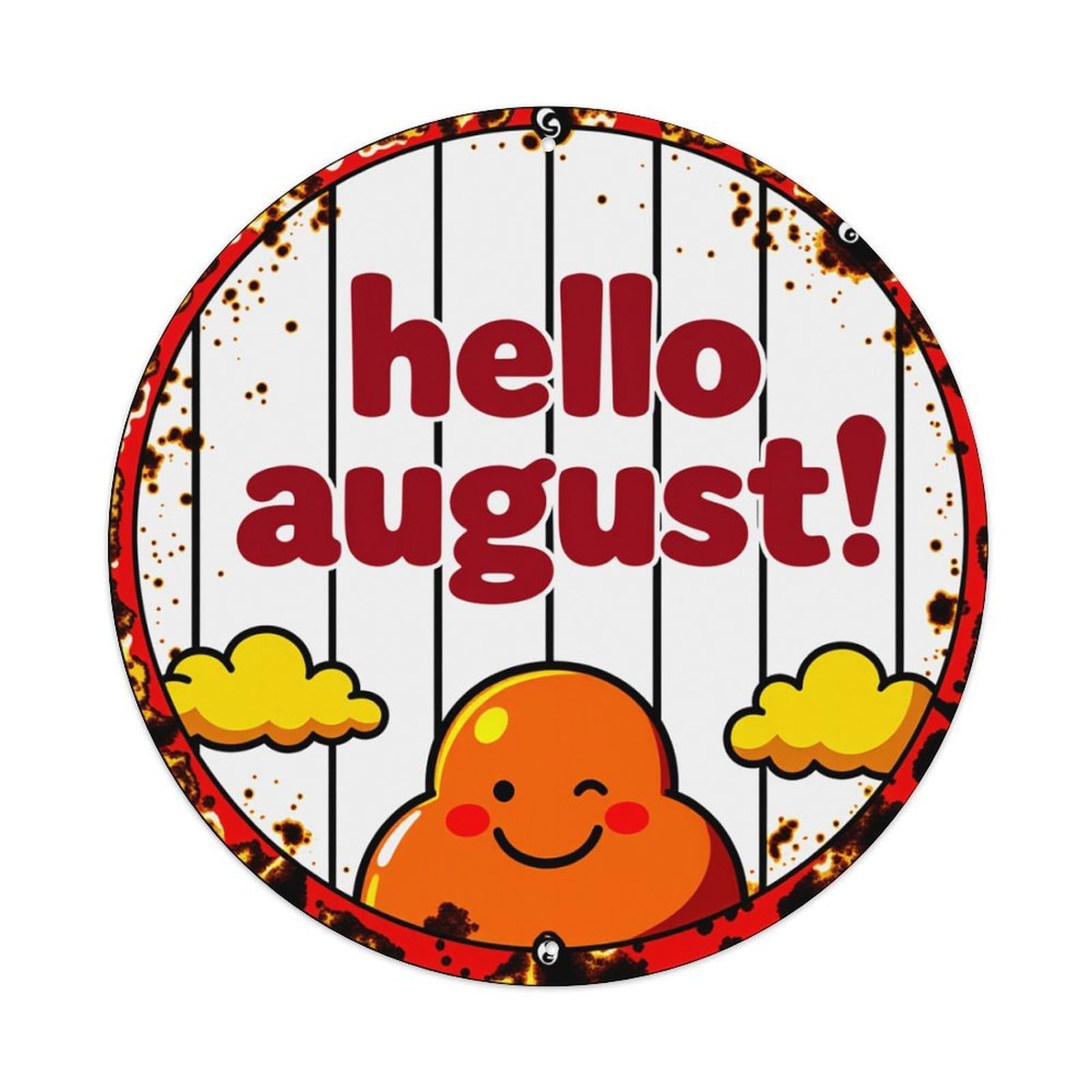 Jdfenggu Vintage Hello August Sun Clouds Smiley Retro Metal Tin Sign, Metal Poster For Bar, Home, Man Cave, Kitchen, Laundry Room Art Decor 8X8 Inch