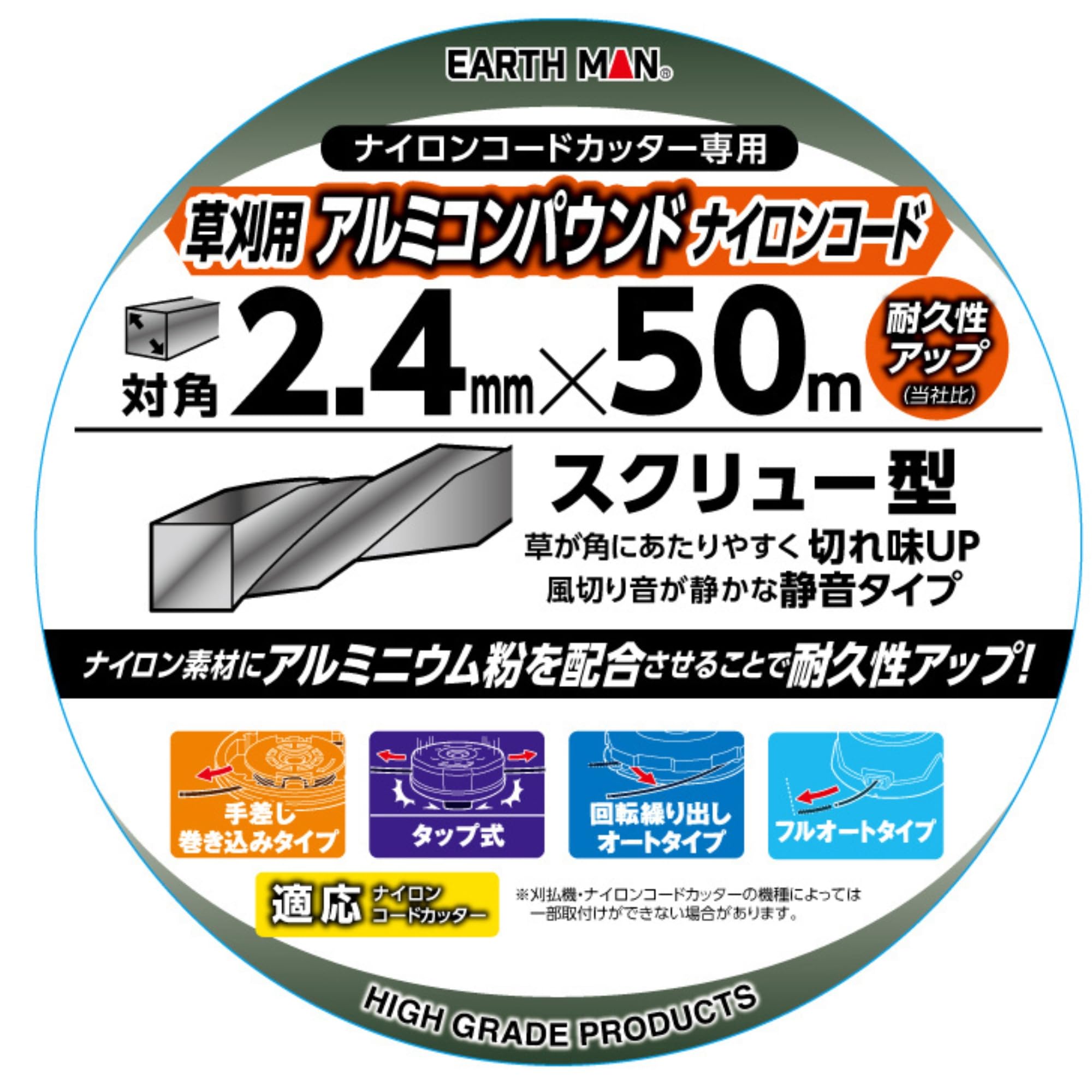 刈払機草刈機用アルミニウム粉ナイロンコード2.4mm四角差し込み式 500本 刈払機草刈機用アルミニウム粉ナイロンコード3mm四角差し込み式