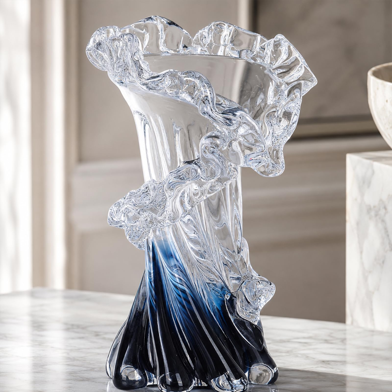 Wellenvase, blau-weiß, klarer Farbverlauf, Meeresglasvase, Murano-Glasvase, einzigartige Glas-Blumenvase für Ozean-Thema, Küste, Zuhause, Mittelstück, modernes Büro, Eingangstisch