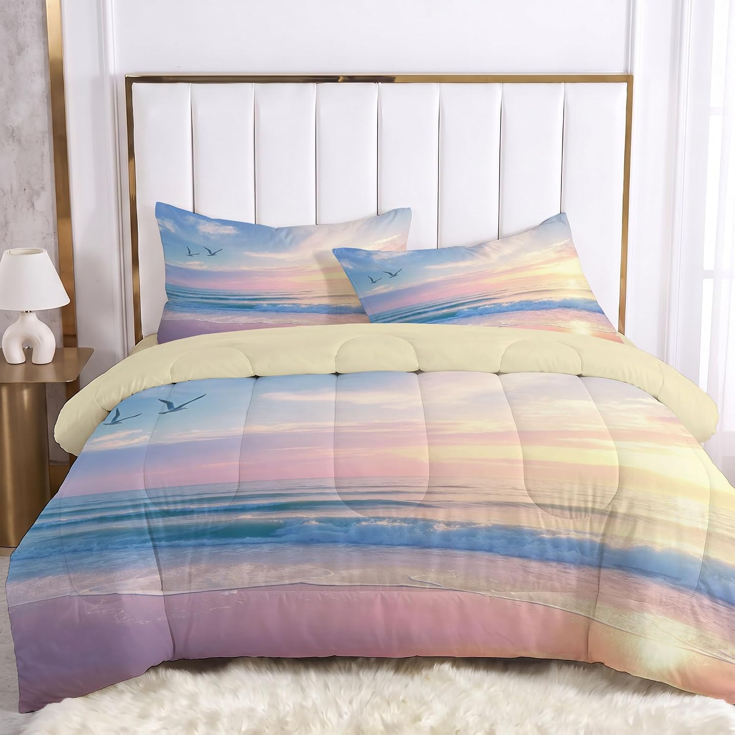 Simple Sea View Comforter Set King Size, Bird Wave Horizon Bedding Set for Girls Boys, Pinkish-Purple Quilt Bed 104"X90" Bedding Comforter Sets with 2 Pillowcase Room Decor