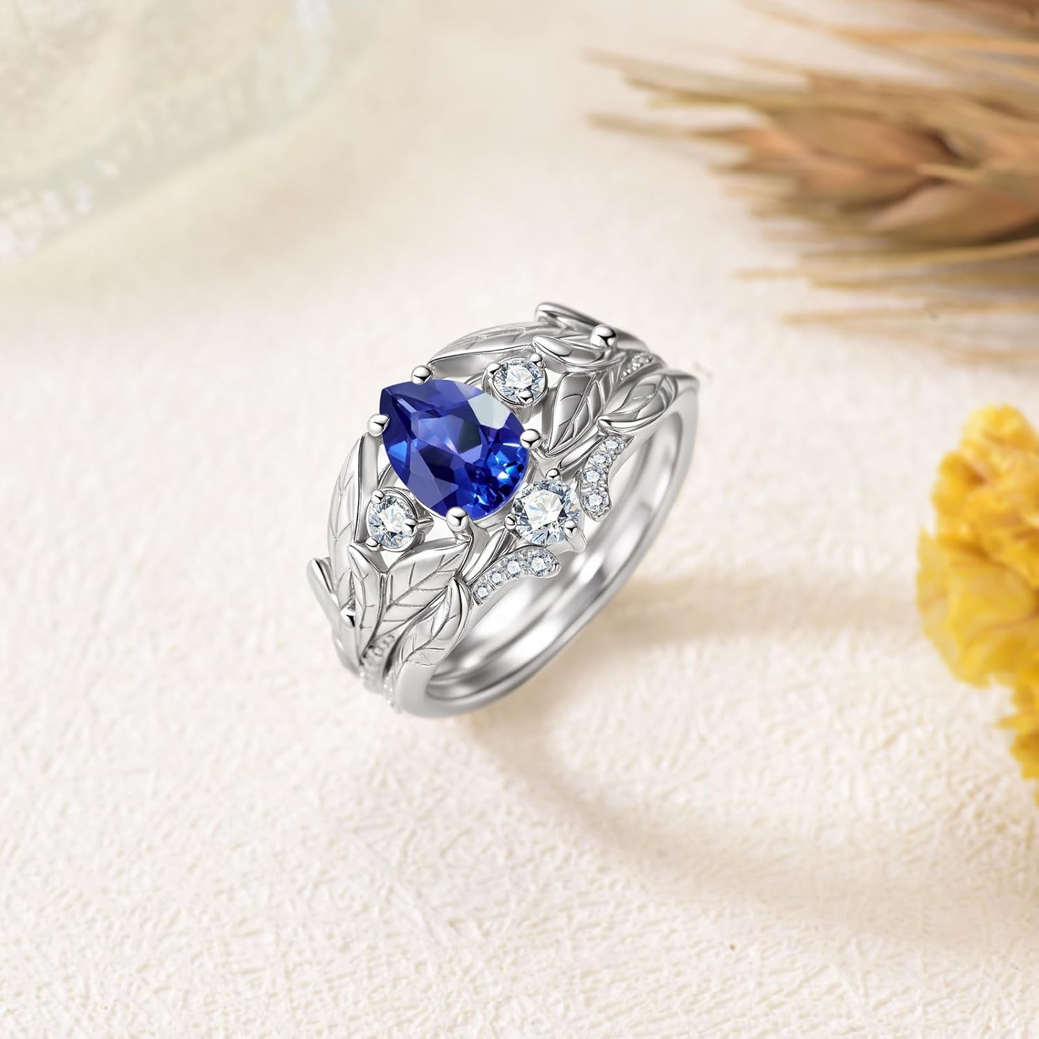 Pear Cut Natural Alexandrite Engagement Ring Sets for Women,925 Sterling Silver Moissanite Leaf Wedding Ringd Set Anniversary Jewelry Bridal Gifts for Women - Image 3