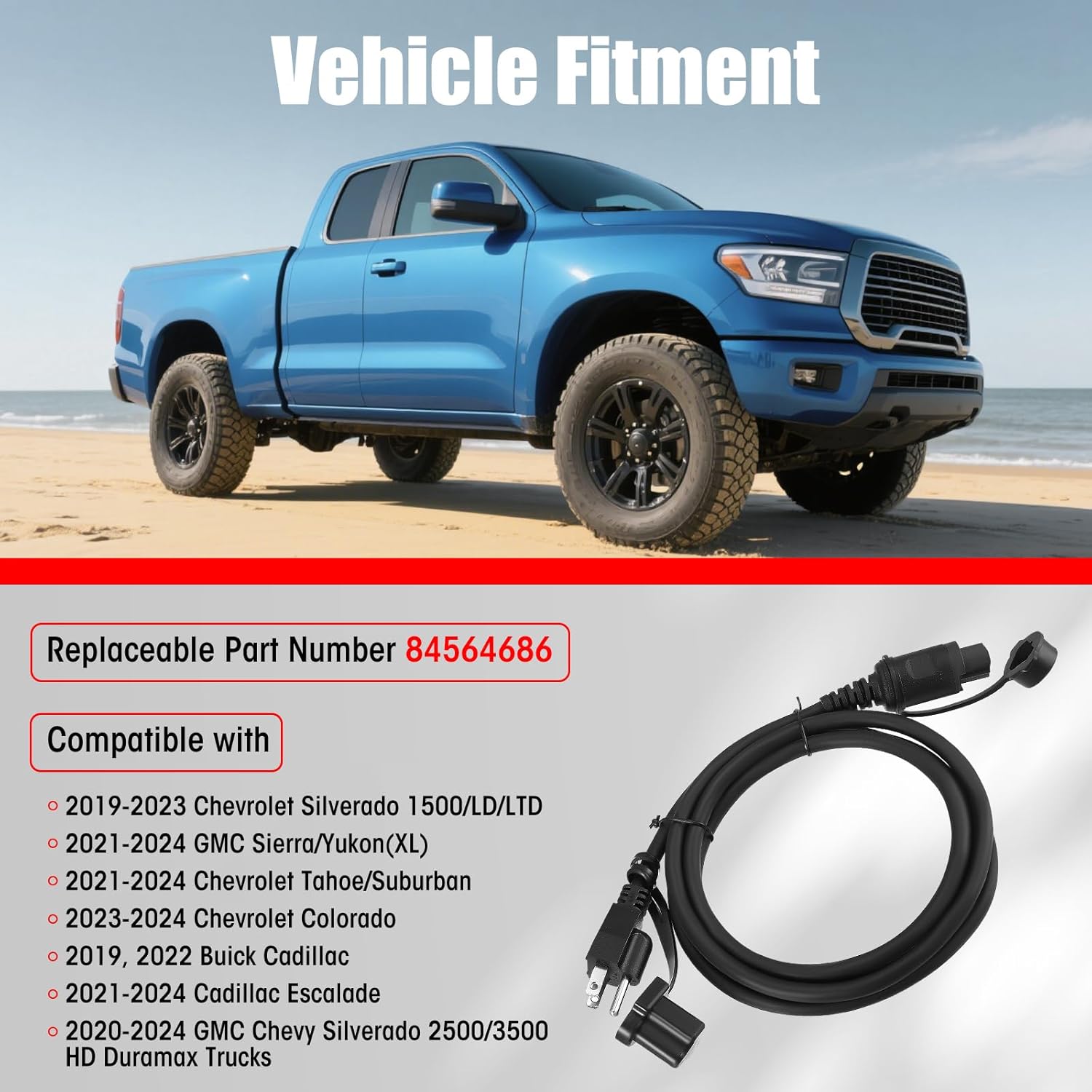 84564686 Engine Block Coolant Heater Cable Cord Fit for Chevrolet Silverado 2019-2023 1500/LD/LTD, for Silverado 2500/3500 HD Duramax Trucks 2020-2024, for GMC Yukon/Yukon XL/Sierra