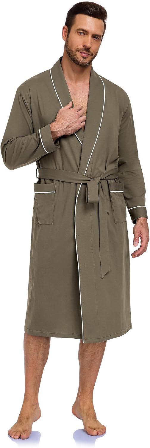 COLORFULLEAF Men's 100% Cotton Summer Robe Lightweight Long Bathrobe Breathable Knit Sleepwear Spa Robe with Pockets