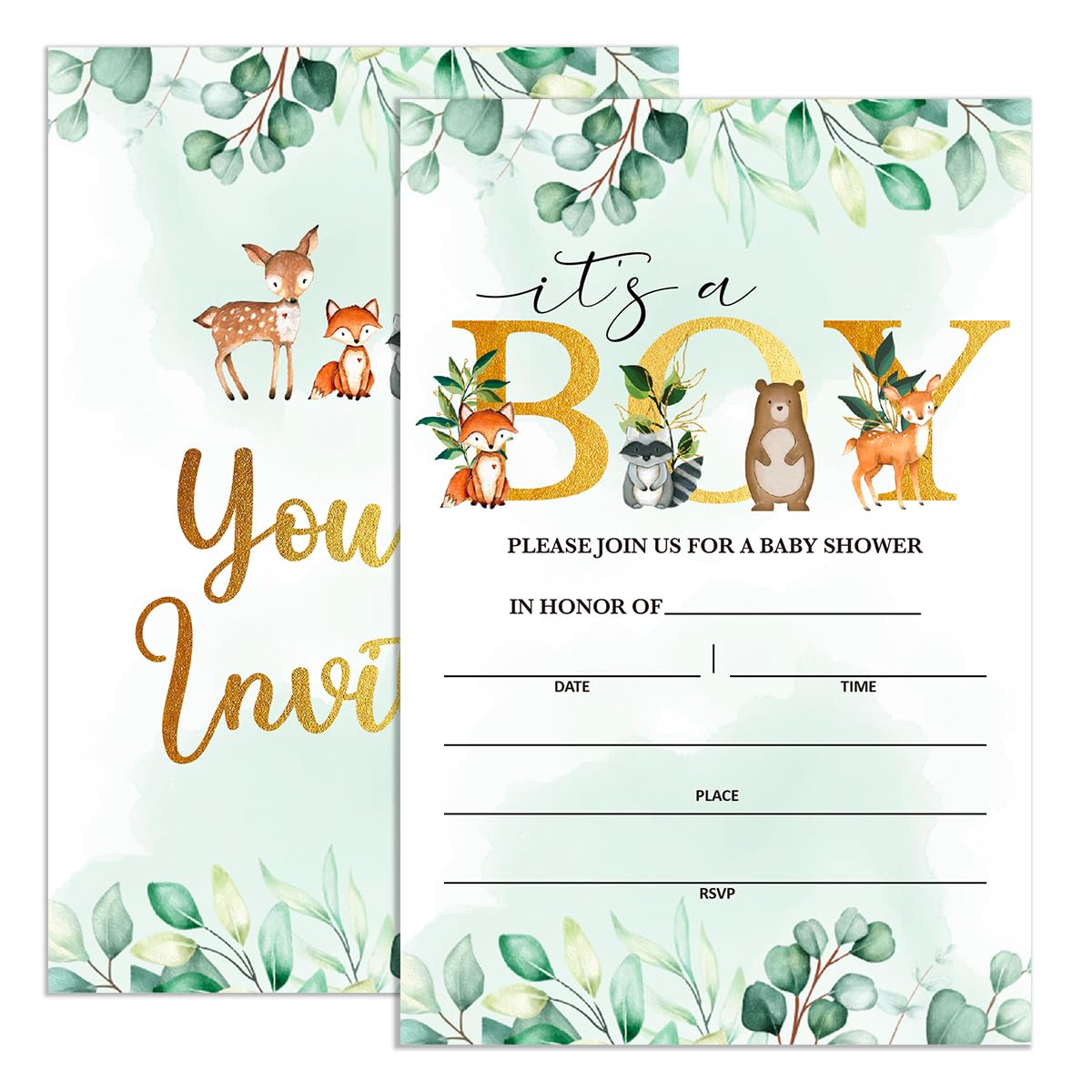 UDNADKEX Baby Shower Invitations for Boy Woodland with Envelopes, Invites for Baby Showers Party Greenery, Forest Animal Baby Shower Invite Cards,