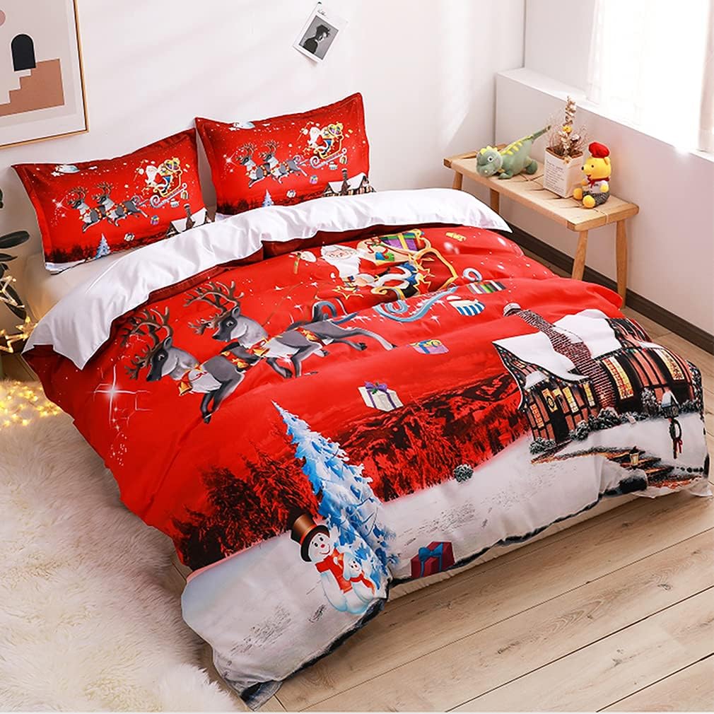 JERYMUND Christmas Duvet Cover Full Size - Santa Claus Deer Bedding Set for Kids Adult, Comforter Cover with Zipper