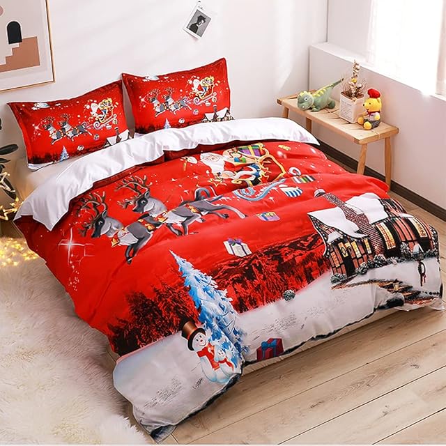JOREAY Christmas Bedding Sets, Single Size Duvet Cover Santa Claus Snowflake Print Soft Quilt Cover