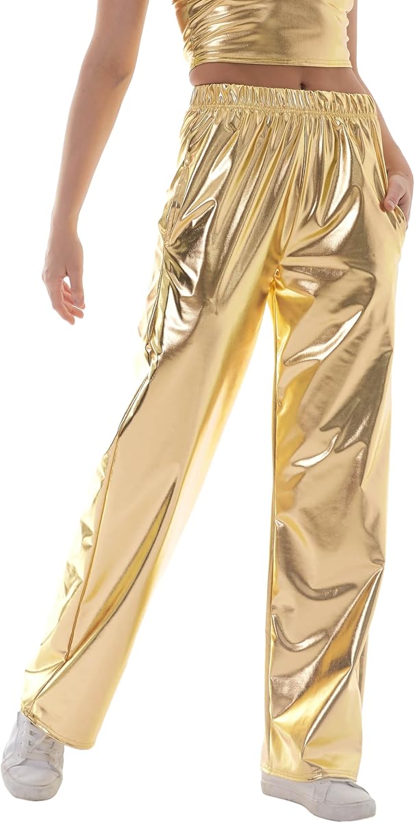 NewL Pantalones Hip Hop Brillantes para Mujer Pantalones Anchos Metálicos Wetlook | Pantalones de pierna recta Retro disco hippie club, tejido metálico transpirable elástico en 4 direcciones, llamativos pantalones de calle para fiesta diaria