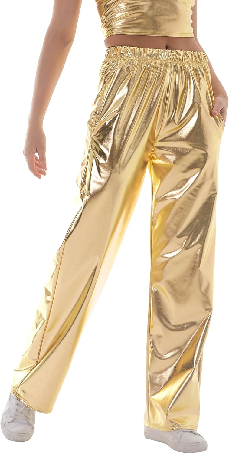 Women Shiny Hip Hop Trousers Metallic Wetlook Wide Leg Pants Retro Disco Hippie Club Straight Leg Pants Streetwear