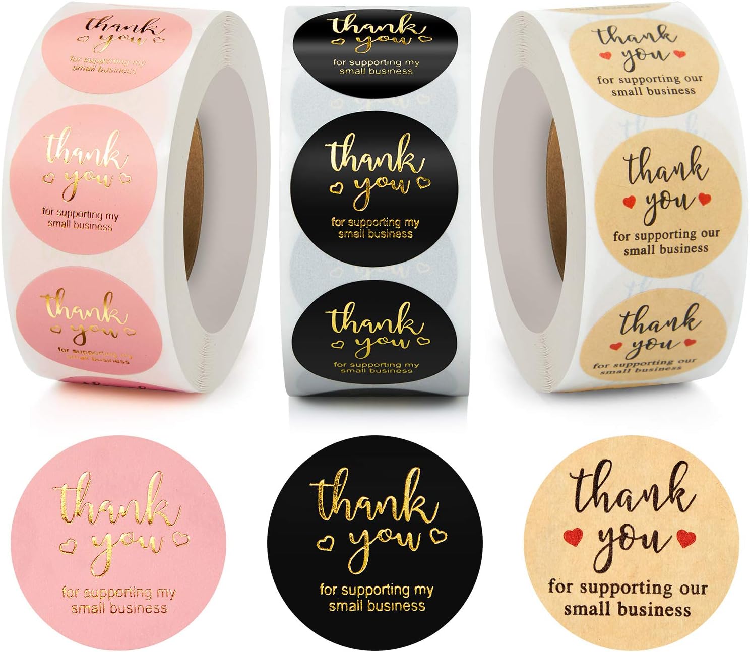 3 Rolls Thank Stickers Labels Seals Thank for Supporting My Small Business Stickers Roll, Round Kraft Stickers Thank Purchase Stickers with Gold Foil (Pink Black Brown,1 Inch)