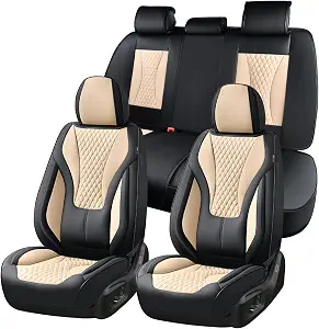 Coverado Waterproof Nappa Leather Car Seat Covers, Full Set for 5 Seats, Black & Beige