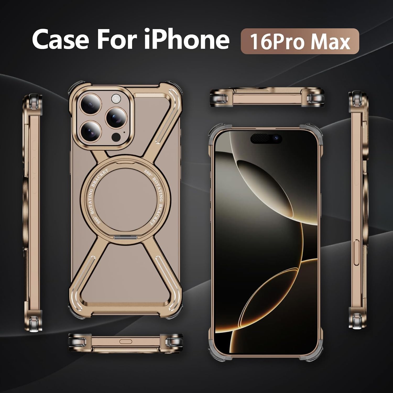 OOPKINS Skeleton Case for iPhone 16 Pro Max Military Grade Drop Protection Rotating Kickstand Ring Grip Compatible with Quick Charge Frameless Metal Bumper for Apple iPhone 16 Pro Max. JJ Gold
