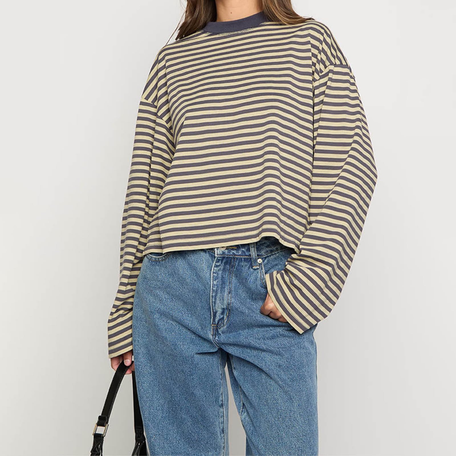 Gestreiftes Langarm-Top für Damen, Rundhalsausschnitt, Farbblock, Basic-T-Shirt, lässig, locker, zum Ausgehen, Y2k Streetwear