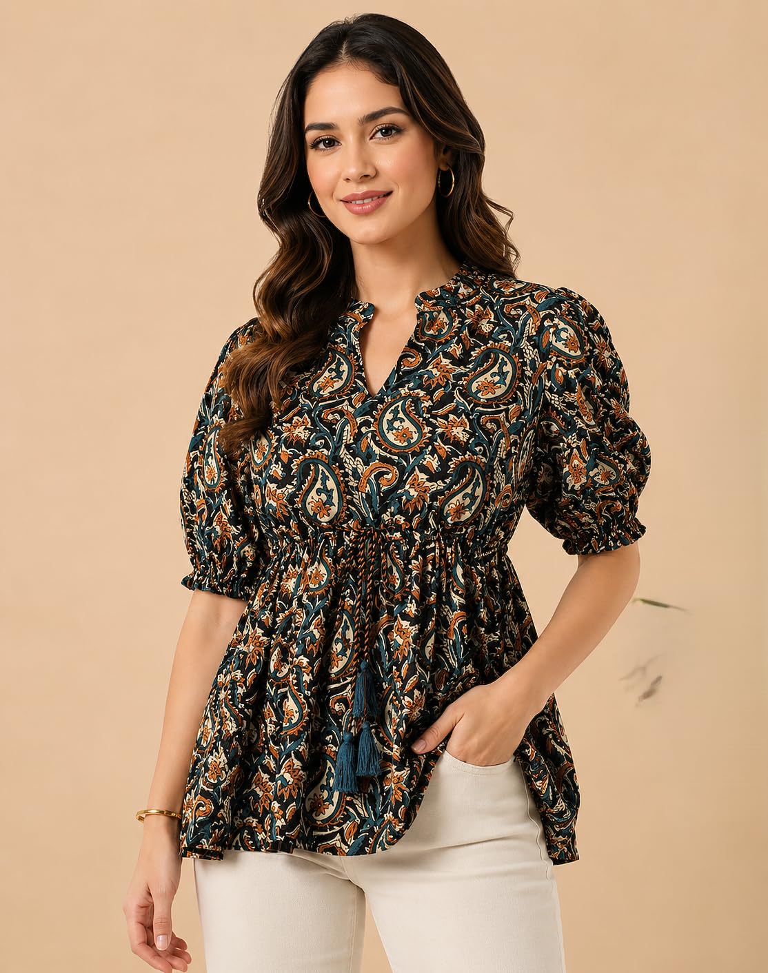 Lisha Womens Cotton Blend Peplum Top – Multicolor Floral V-Neck for Casual & Office Outfits-picture-21
