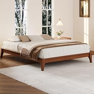 Queen Size Japanese Wooden Bed Frame, Mid-Century Brown Wood Low Platform Bed, 10 inch Low Under Bed Storage, Mortise and Tenon Structure Frame, 1200 lbs Capacity Easy Assembly (Brown, Queen)