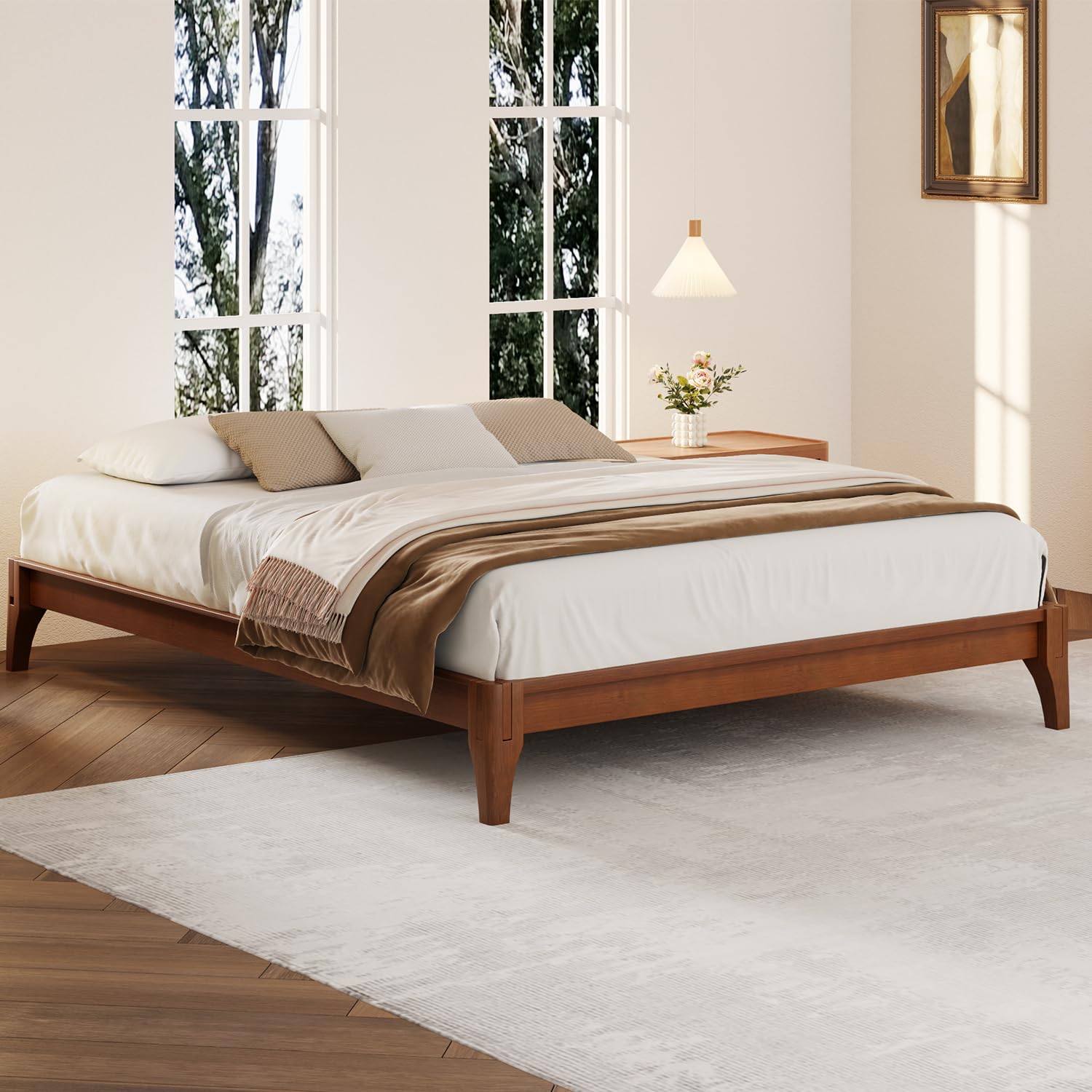 Queen Size Japanese Wooden Bed Frame, Mid-Century Brown Wood Low Platform Bed, 10 inch Low Under Bed Storage, Mortise and Tenon Structure Frame, 1200