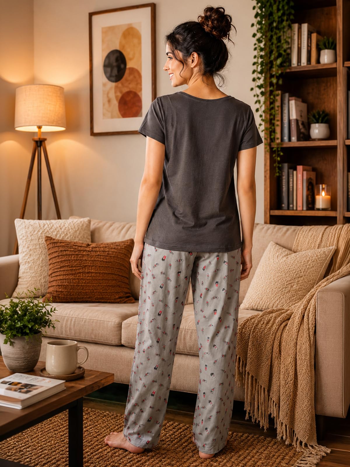 Clovia Conjunto de pijama y top para mujer de algodón estampado en gris