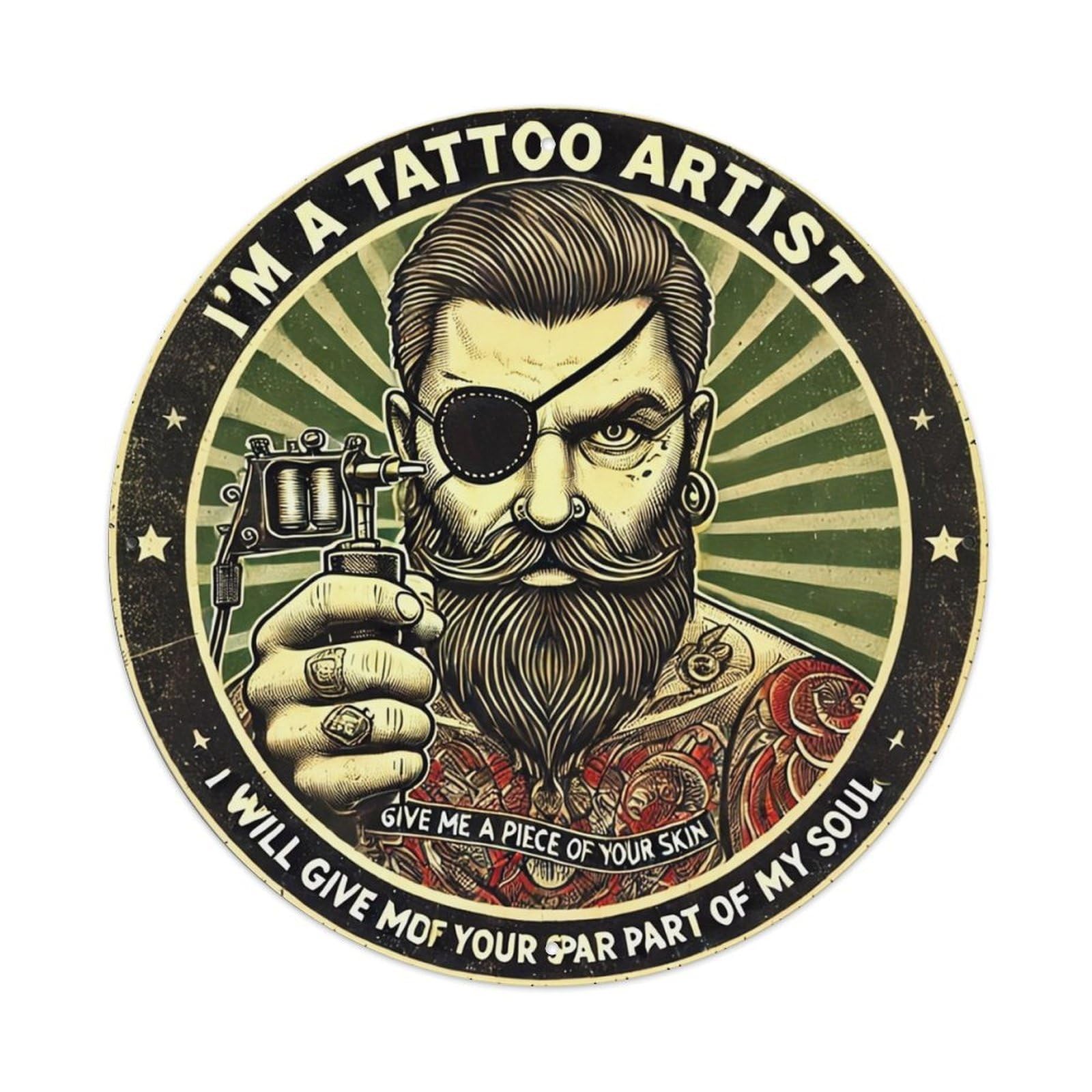 Tattoo Artist With Eyepatch Holding Machine Vintage Metal Tin Sign Retro Wall Decor for Home Bar Garage Cafe, Indoor & Outdoor Decorative，circle Metal Poster, 8x8 Inch