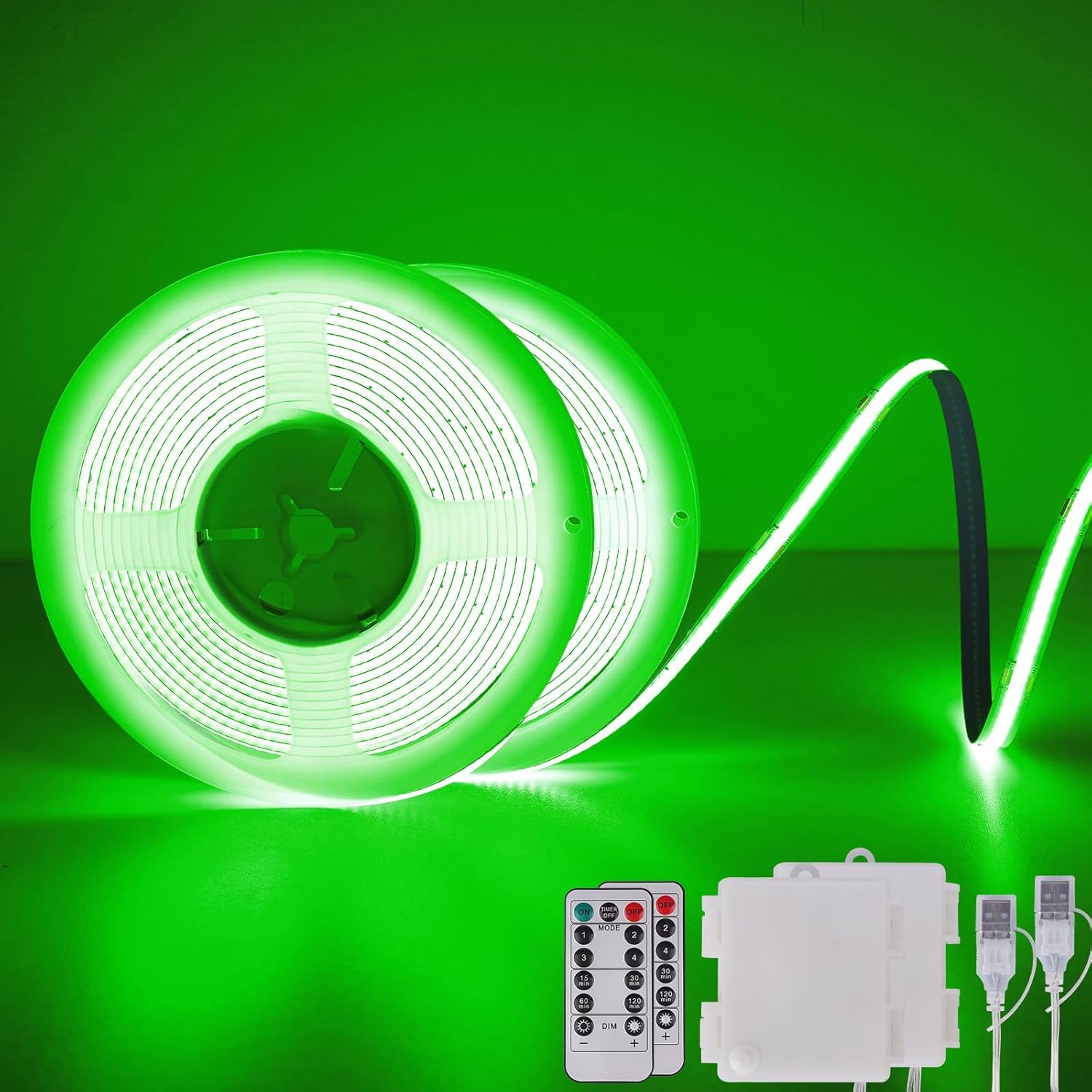 StarryEver COB LED Strip Lights, Battery Operated with Remote Control, 2 m 640 LED Light Strip, Dimmable, Cuttable, Flexible LED Strip Light for TV, Computer, Car Decoration, Green, Pack of 2 — image 1