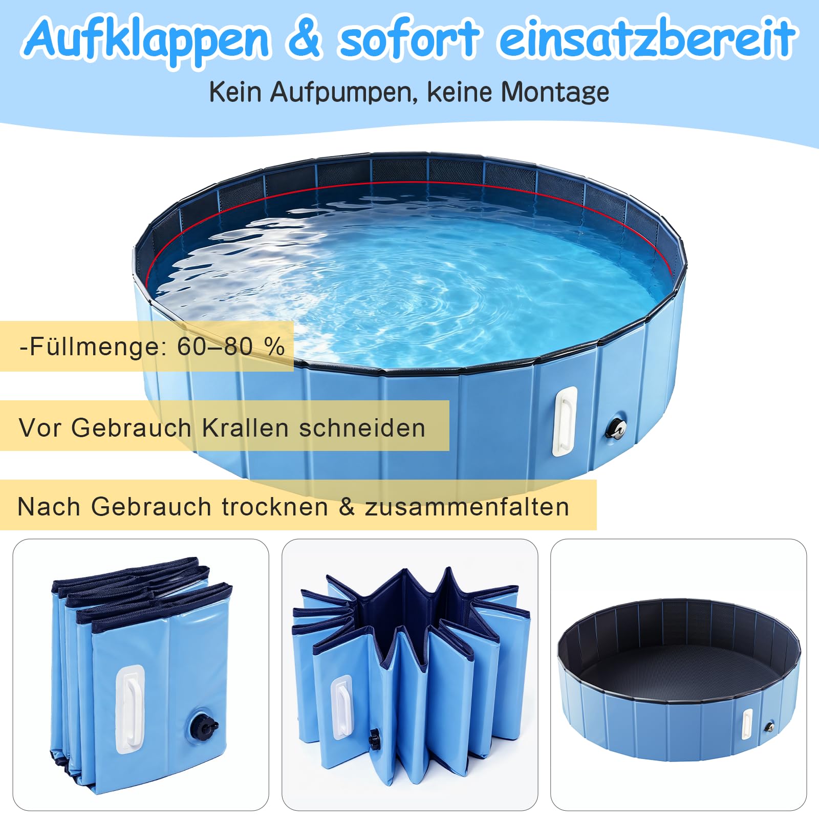 DEWEL Hundepool Faltbar Ø120 x 30 cm für mittelgroße Hunde | 5 mm verstärkte MDF-Struktur, Ideal zur Abkühlung, Zum Spielen im Wasser, Für Garten & Bad