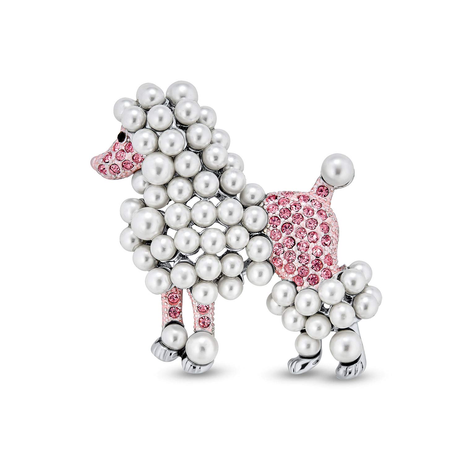 Fashion Statement Crystal White Simulated Pearl Pink Dog Poodle Brooch Pin For Women For Teen Rhodium Plated