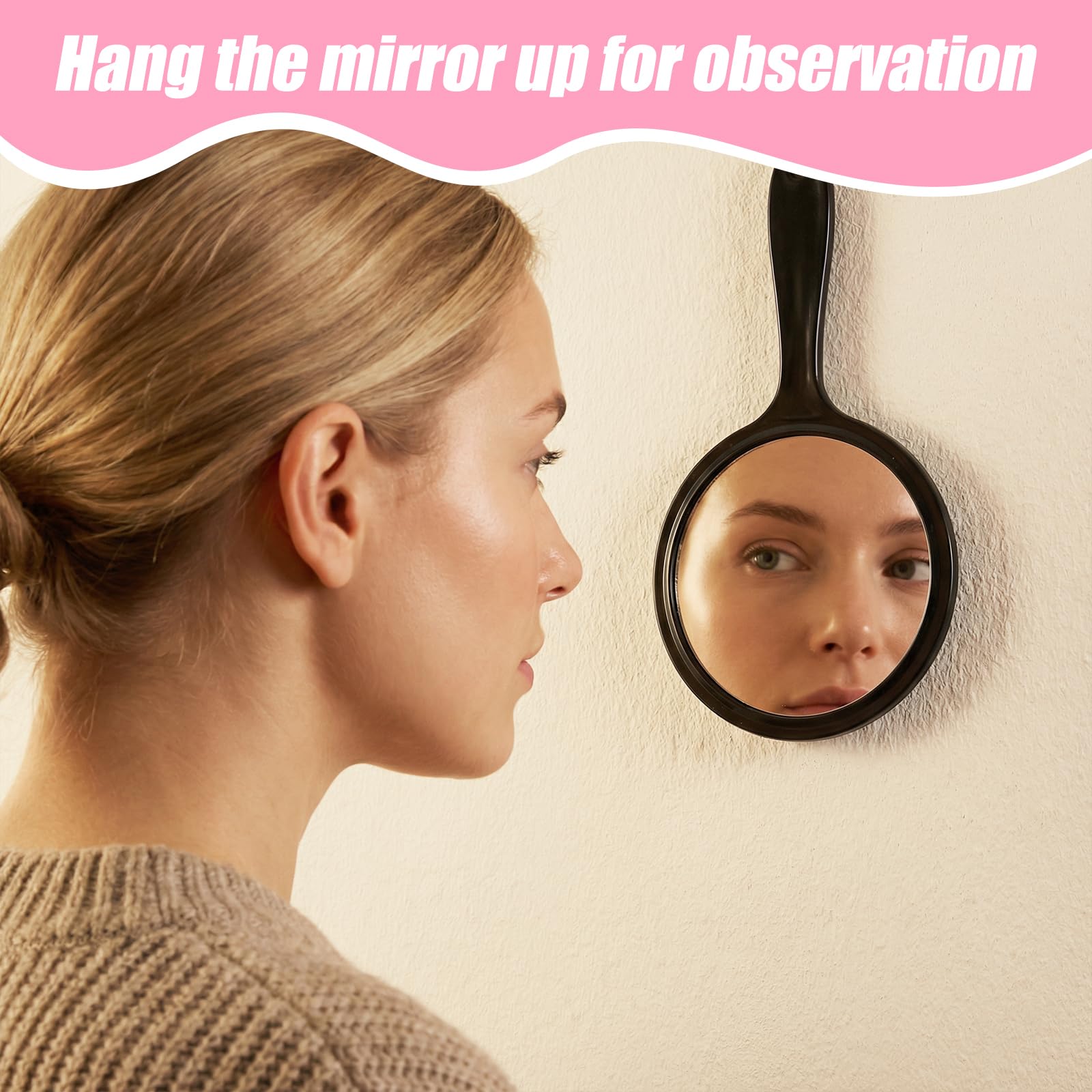 Xinjoduz Miroir à main double face 21 x 11,5 cm - Petit miroir cosmétique avec grossissement x/2x et poignée - Miroir de voyage portable pour un maquillage précis en déplacement (noir transparent)