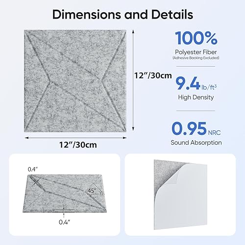 Miniatura 3 de Paquete de 12 paneles acústicos de 12 x 12 x 0.4 pulgadas para absorción de sonido de pared, paneles de sonido cuadrados autoadhesivos de rayas P,