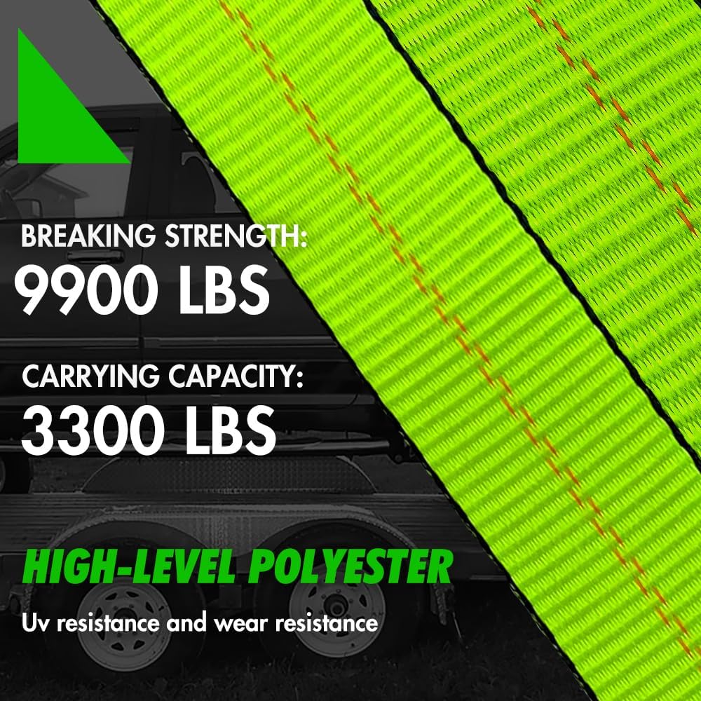 Heavy Duty Car Tie Down Straps (4PK) - 2" x 96" - 3,300 lbs Safe Working Load - Wheel Straps Comes with 5/16" Tow Hooks (Green)
