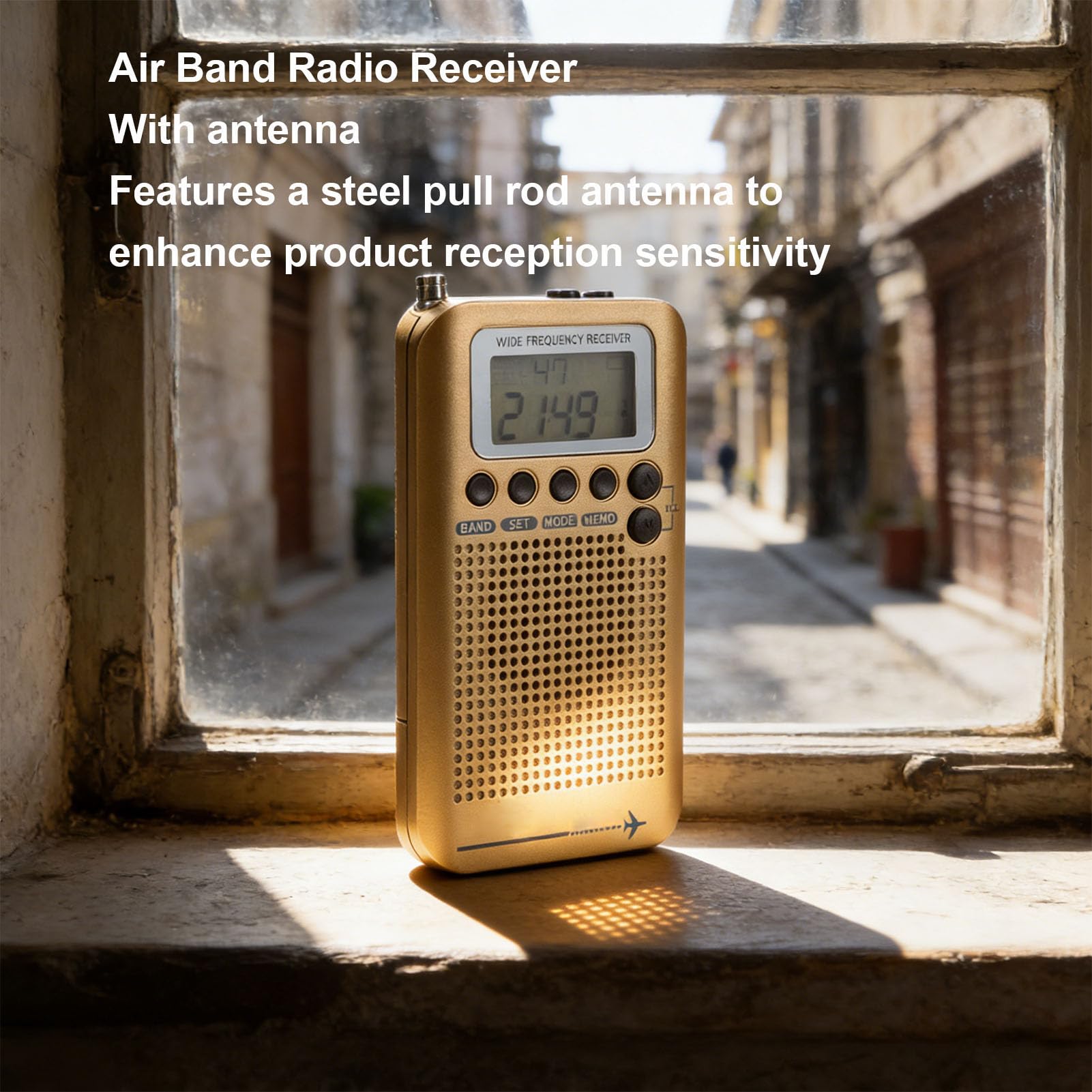 Receptor de Radio de Banda Aérea Banda Completa Am FM SW CB VHF Radio de Aviación Portátil con Pantalla LCD, Antena de Largo Alcance, Batería Recargable, Escáner Portátil para (Gold)
