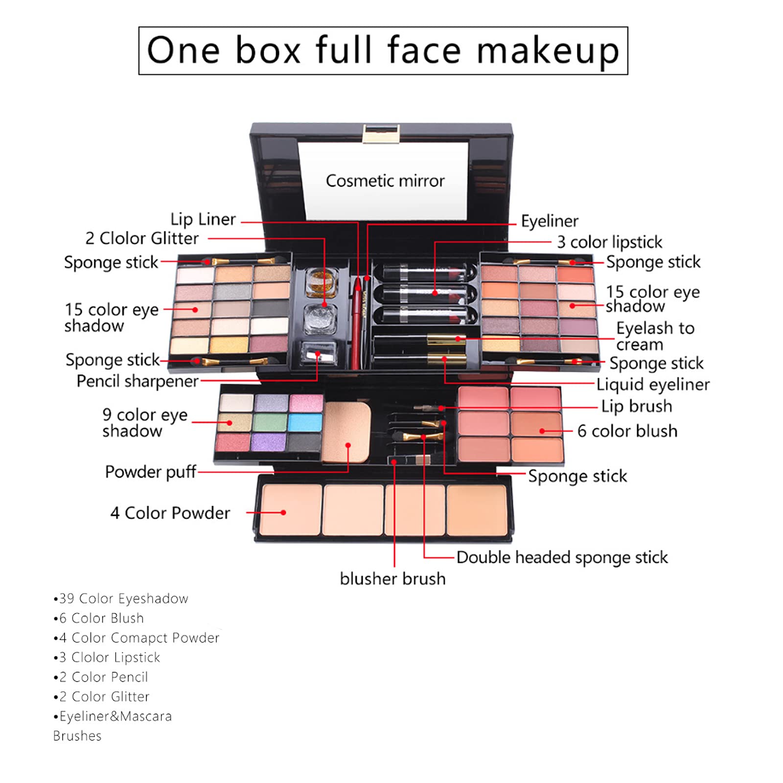 Malette Maquillage, coffret maquillage, Kit de Maquillage Complet Femme, Palette Maquillage avec Ombre à Paupières, Rouge Lèvres, Brosse Cosmétique, Compact Powder, Mascara, Eyeliner