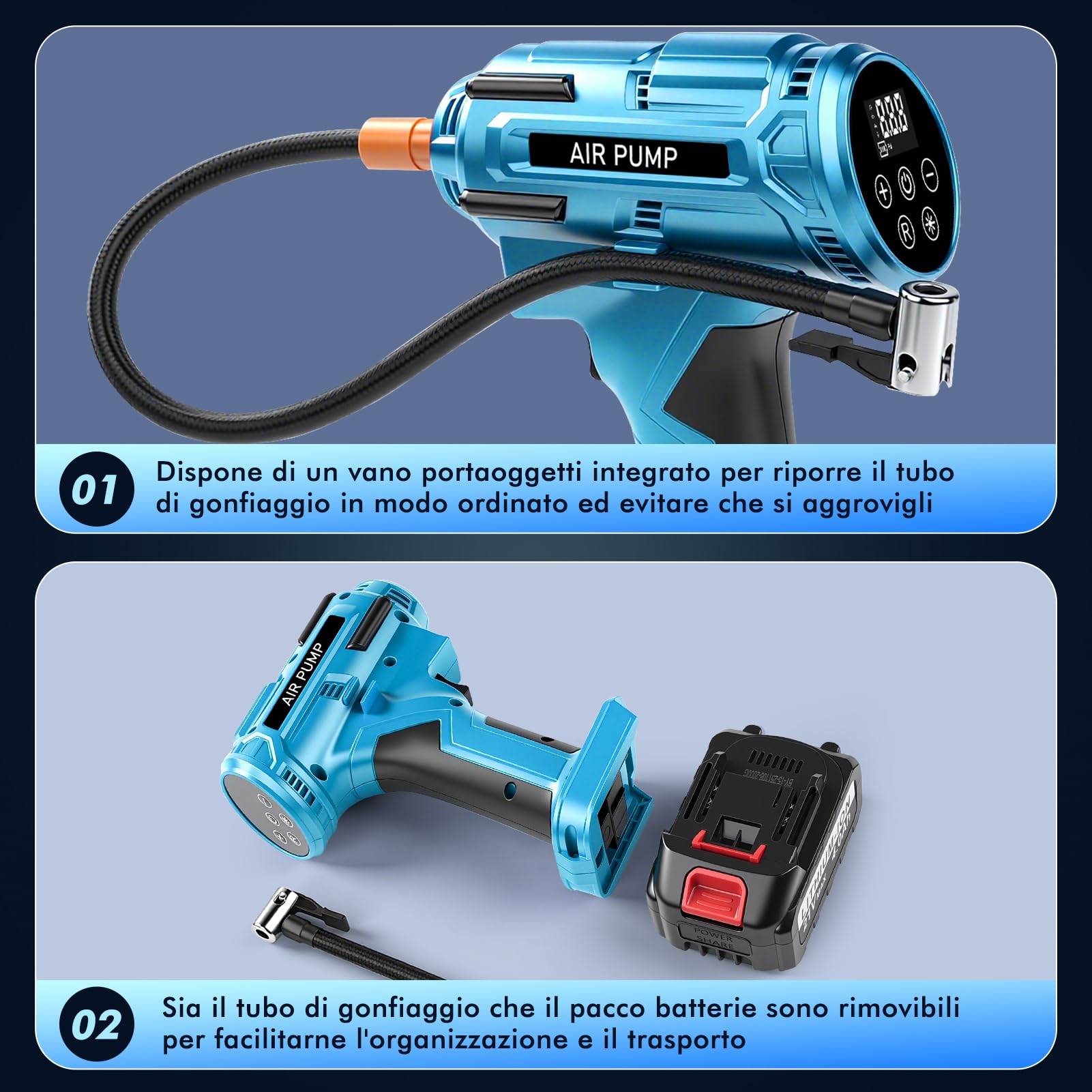 Pompa ad aria a batteria, 21 V, 150 PSI, pompa ad aria elettrica per auto, con batteria al litio e manometro, 800 W, pompa digitale per pneumatici portatile, per auto, moto, bicicletta, palloni