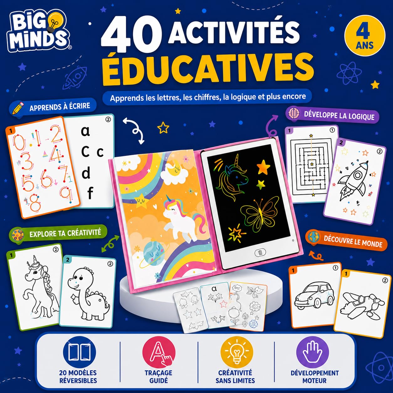 Big Minds - Tablette Dessin Enfant Rainbow Lcd | Tablette Magique Enfant 20 Pochoirs Réversibles | Ardoise Magique Format Livre | Jouet Enfants 4 Ans Effaçable | Cadeau Fille 5 Ans | Jouet 6 Ans